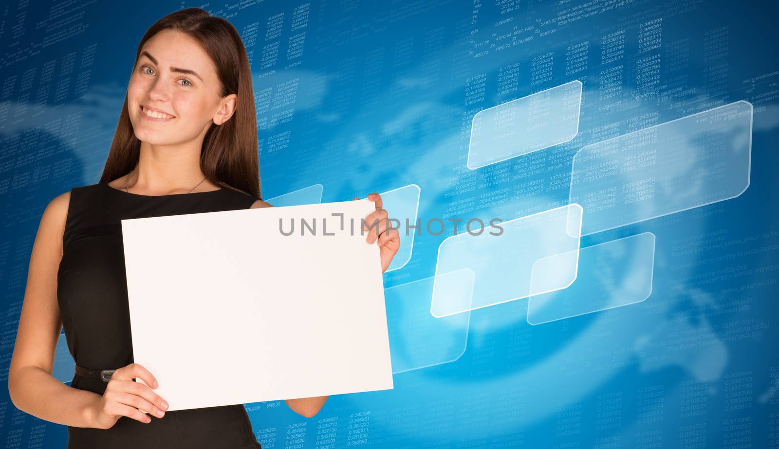 Businesswoman hold paper sheet. Empty frames and world map as backdrop