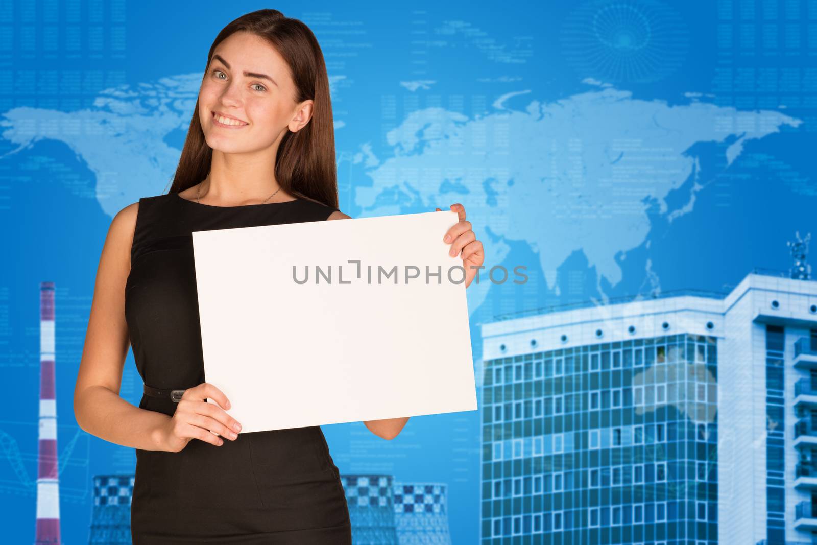 Businesswoman with world map, graphs and building  by cherezoff