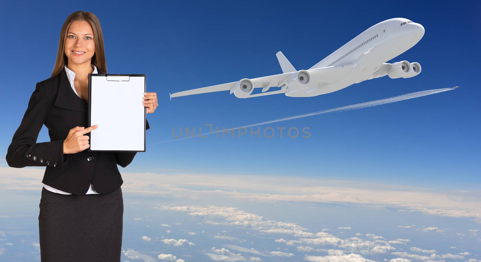 Businesswoman holding paper holder. Airplane in the sky as backdrop
