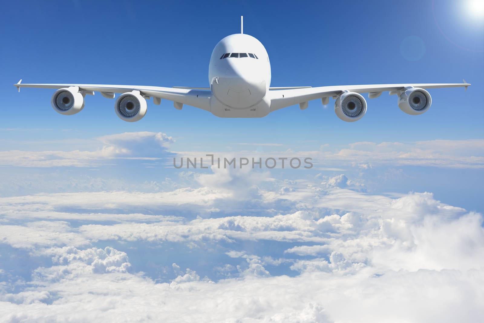 Airplane in the sky. Passenger Airliner. Front view