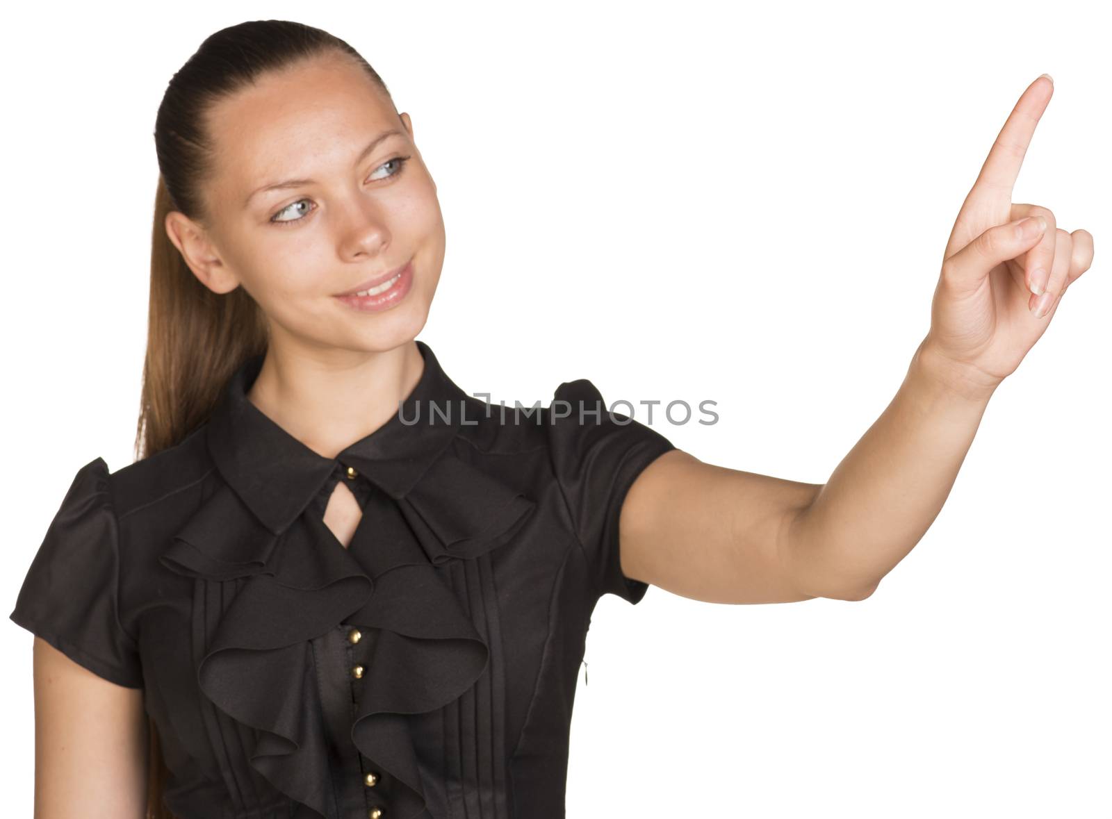 Woman touching virtual button. Isolated on white background