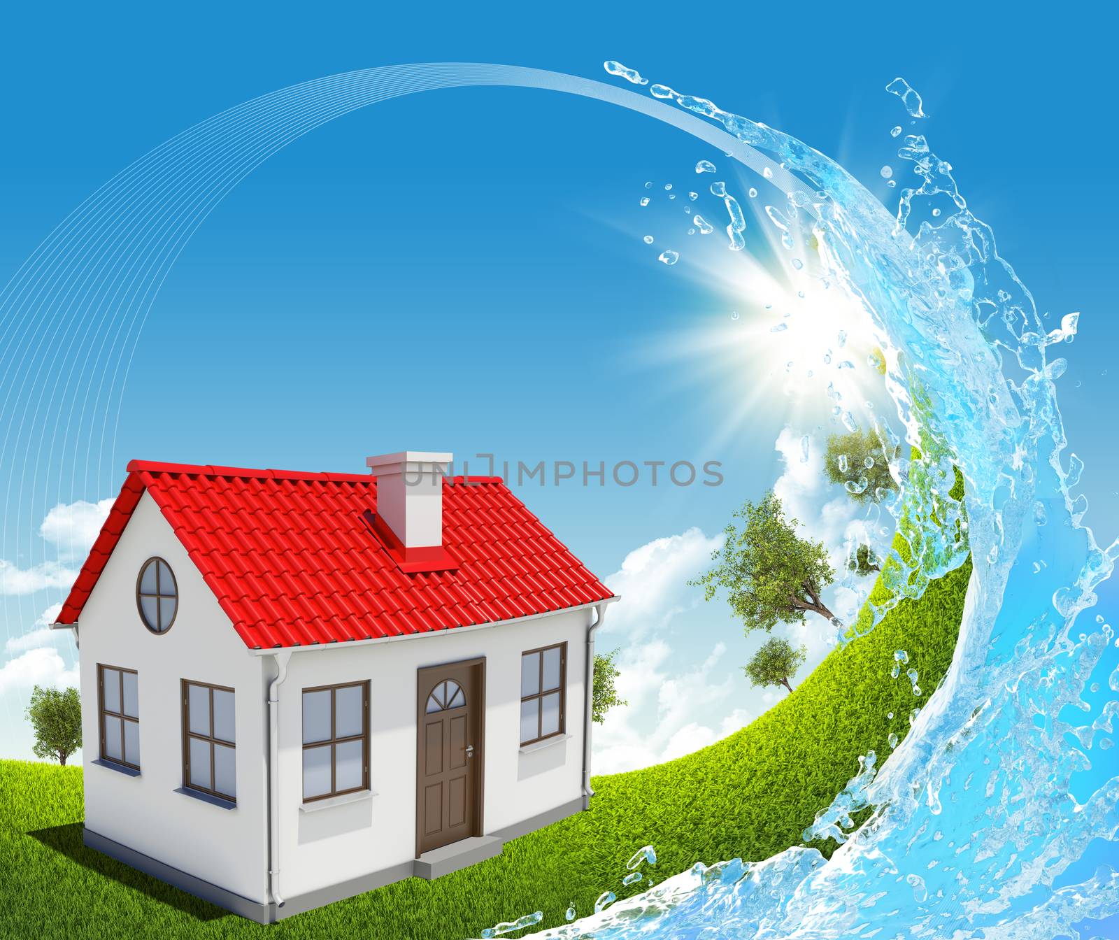 House, green meadow and water splash. Real estate concept