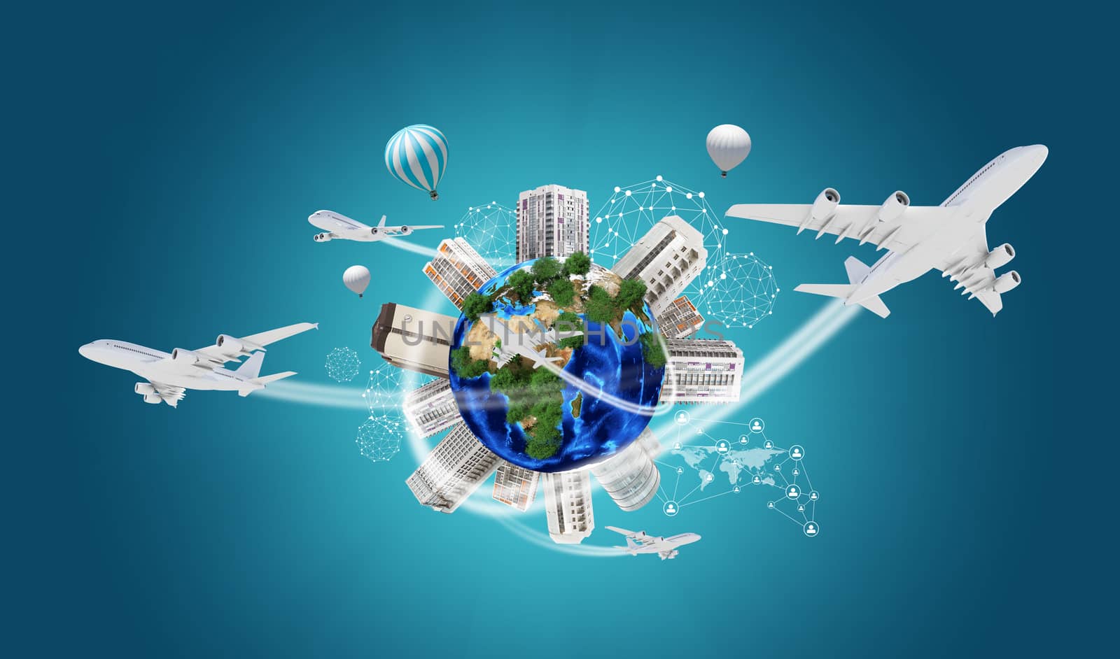 Earth with buildings on surface. Airplanes and network icons. Elements of this image are furnished by NASA
