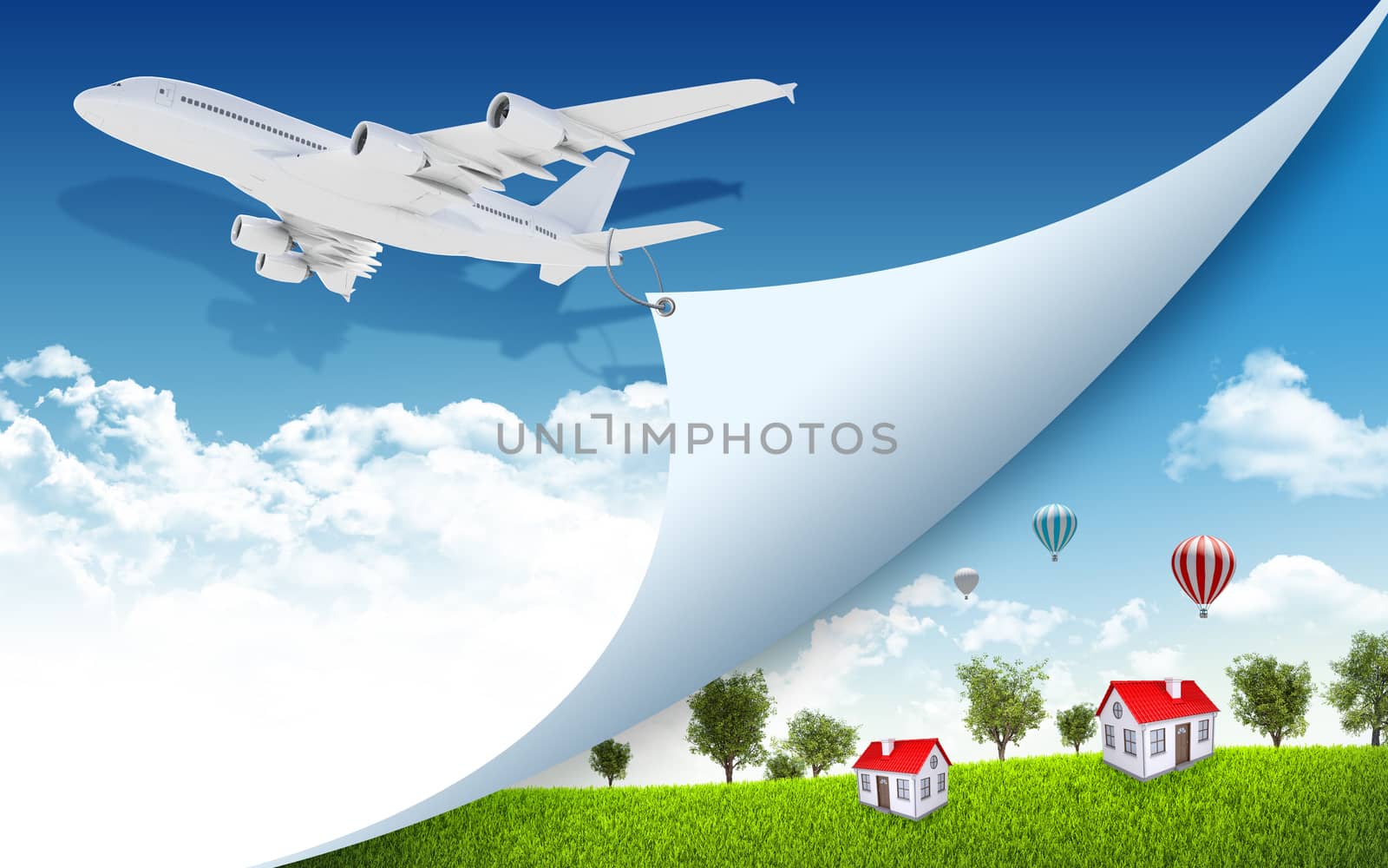 Airplane pulls the rope edge of paper. Nature landscape with houses as backdrop