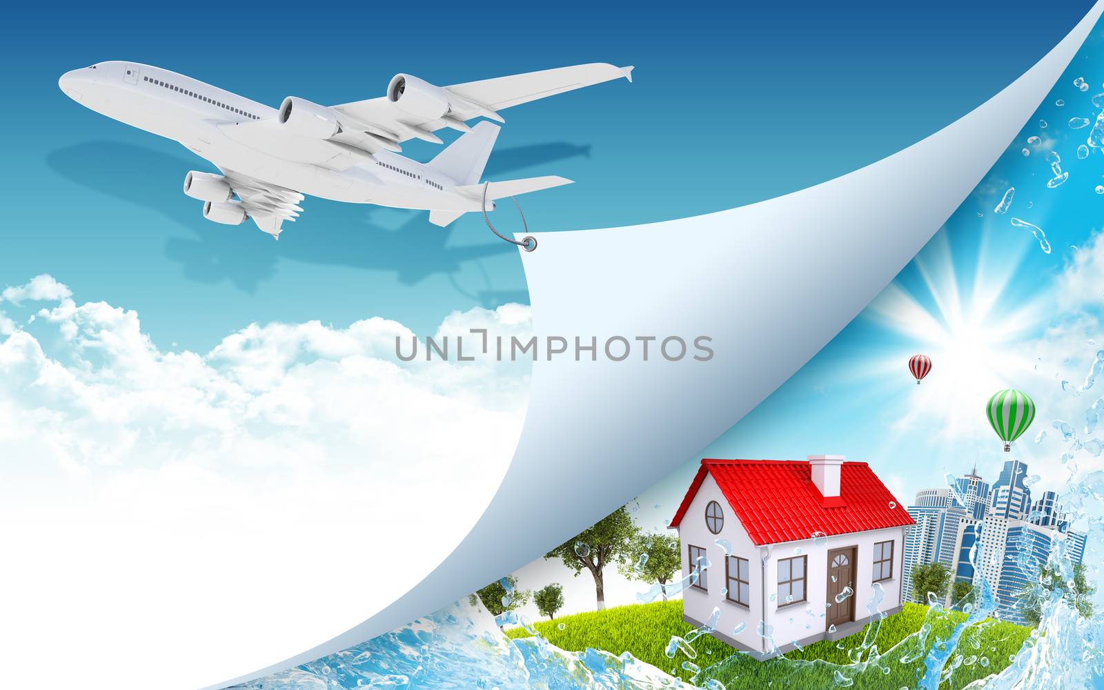 Airplane pulls the rope edge of paper. Nature landscape with buildings as backdrop