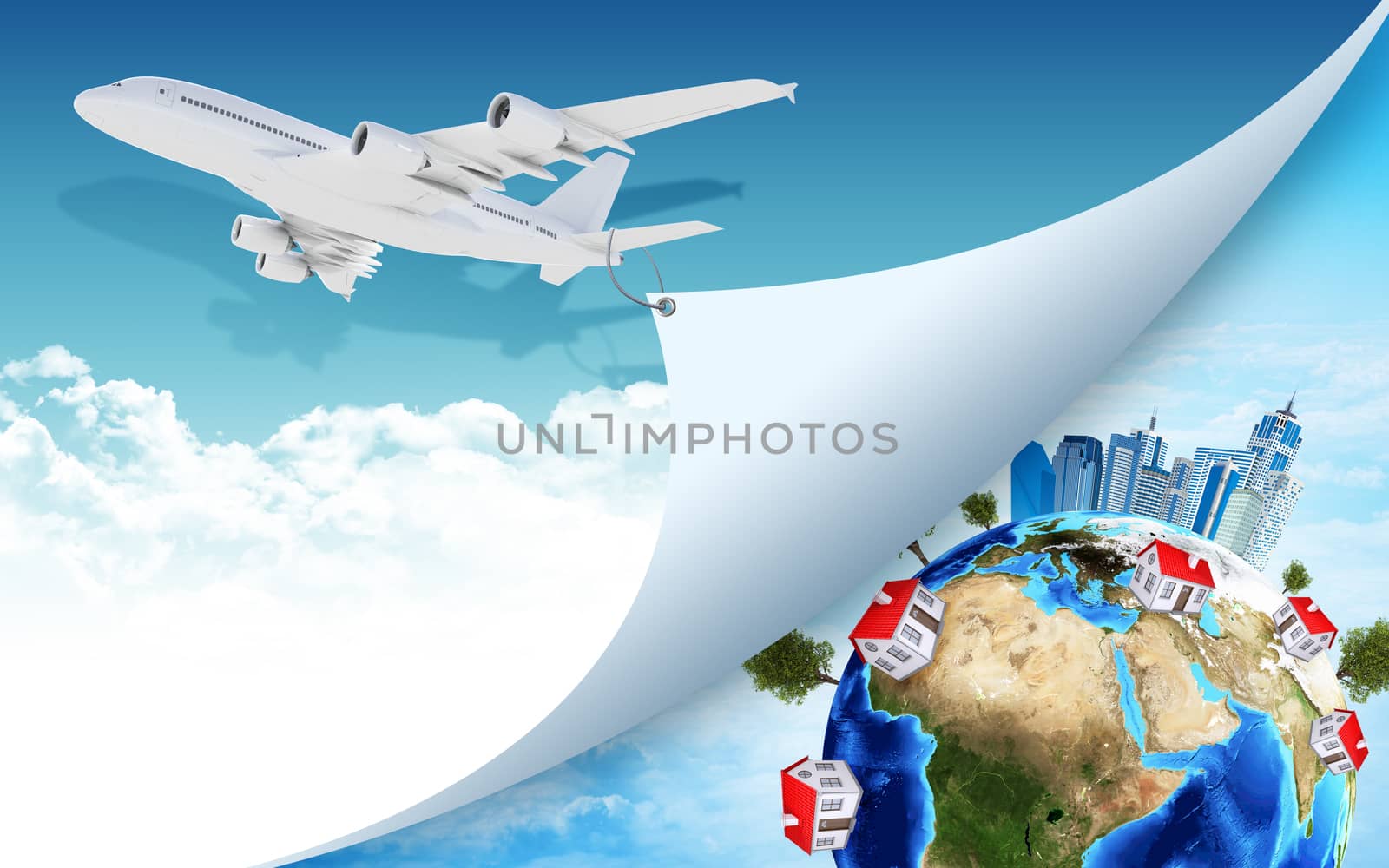 Airplane pulls the rope edge of paper. Earth with buildings as backdrop. Elements of this image are furnished by NASA