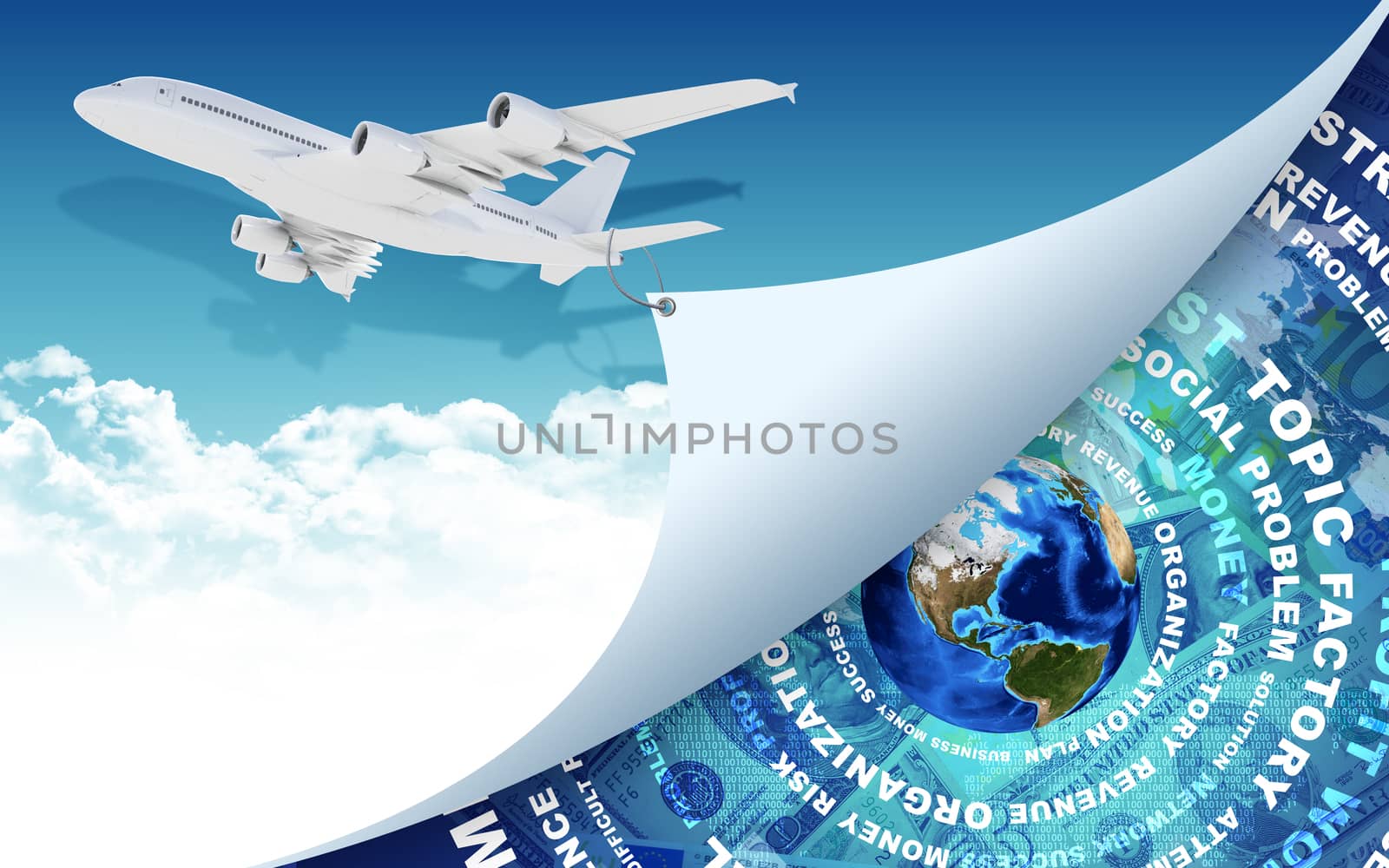 Airplane and Earth with money as backdrop by cherezoff