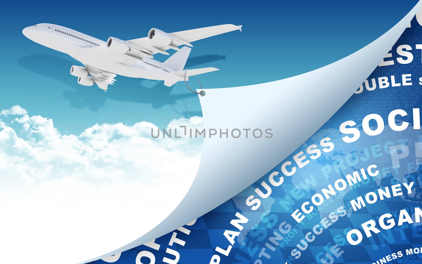 Airplane and business words with money as backdrop by cherezoff
