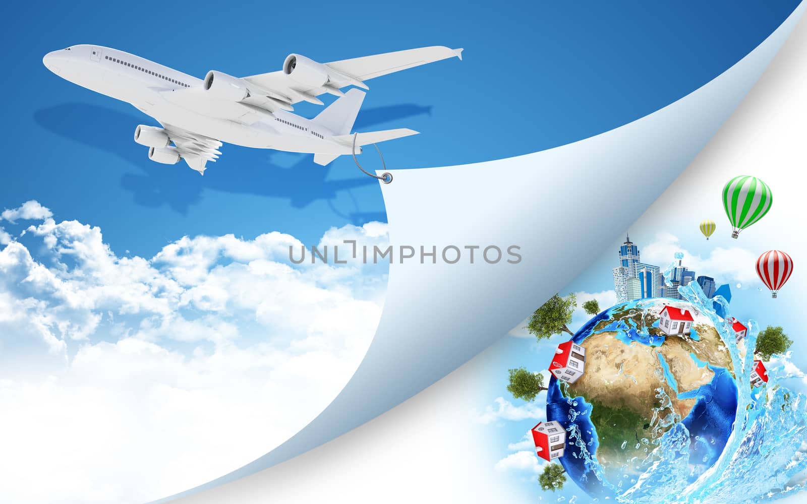 Airplane pulls the rope edge of paper. Earth with buildings as backdrop. Elements of this image are furnished by NASA