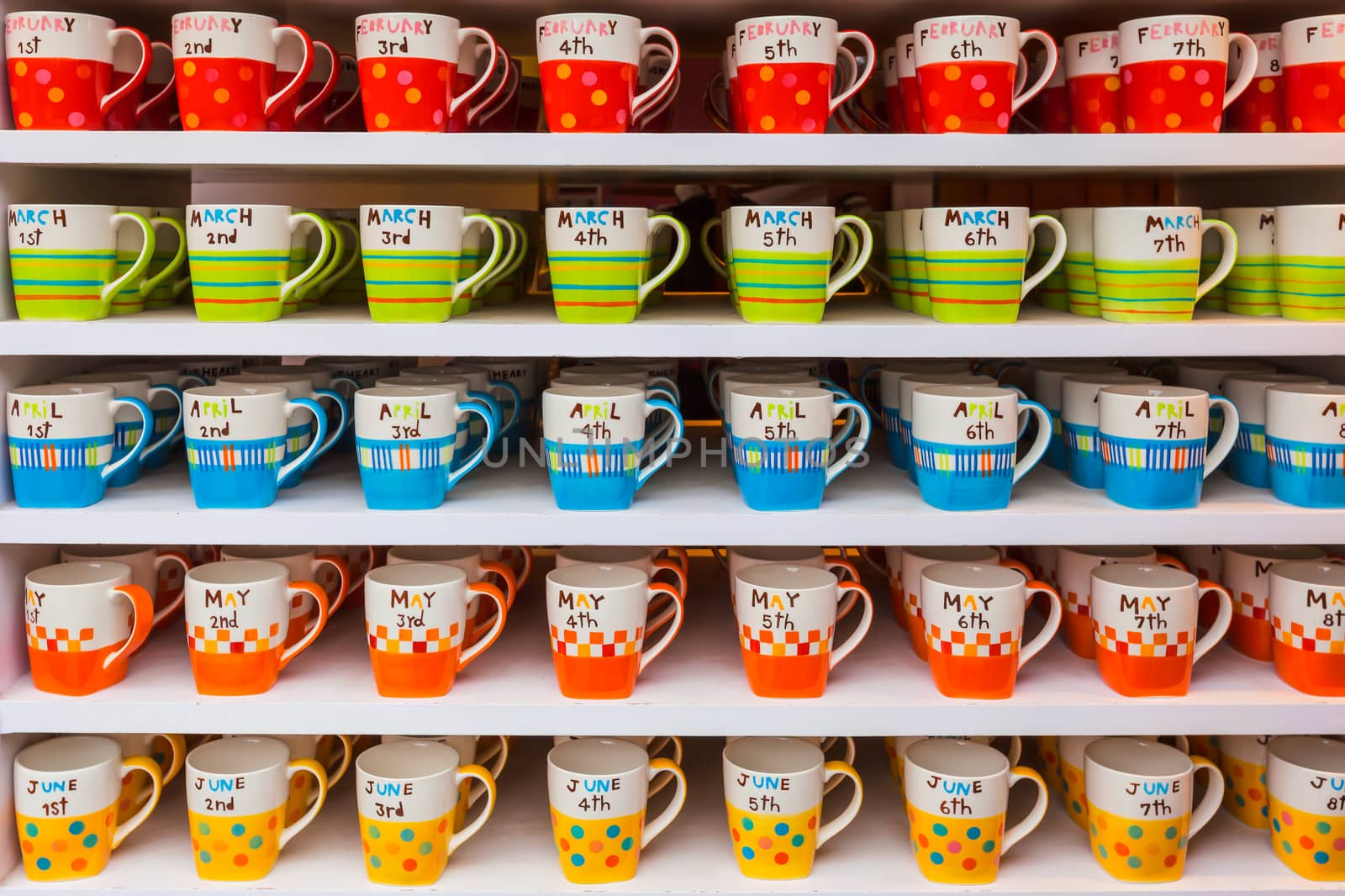 layer of colorful cups coffee or tea
