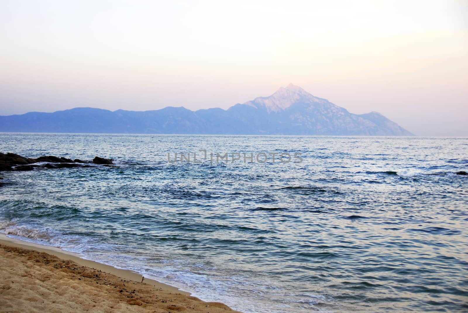 Sitonia seeside and Mount Saint Athos in Greece