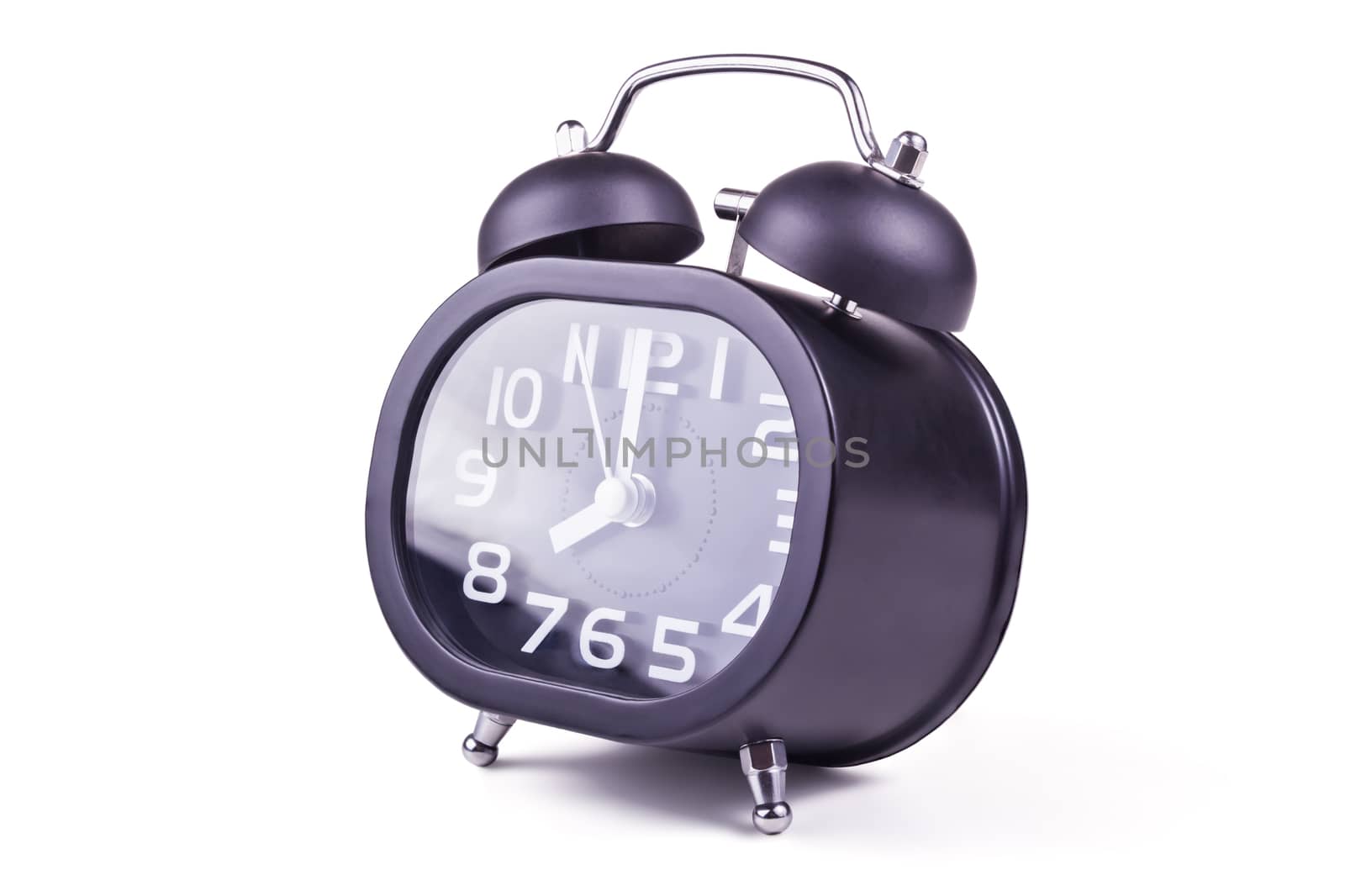 Black alarm clock with mechanical bell isolated on white background