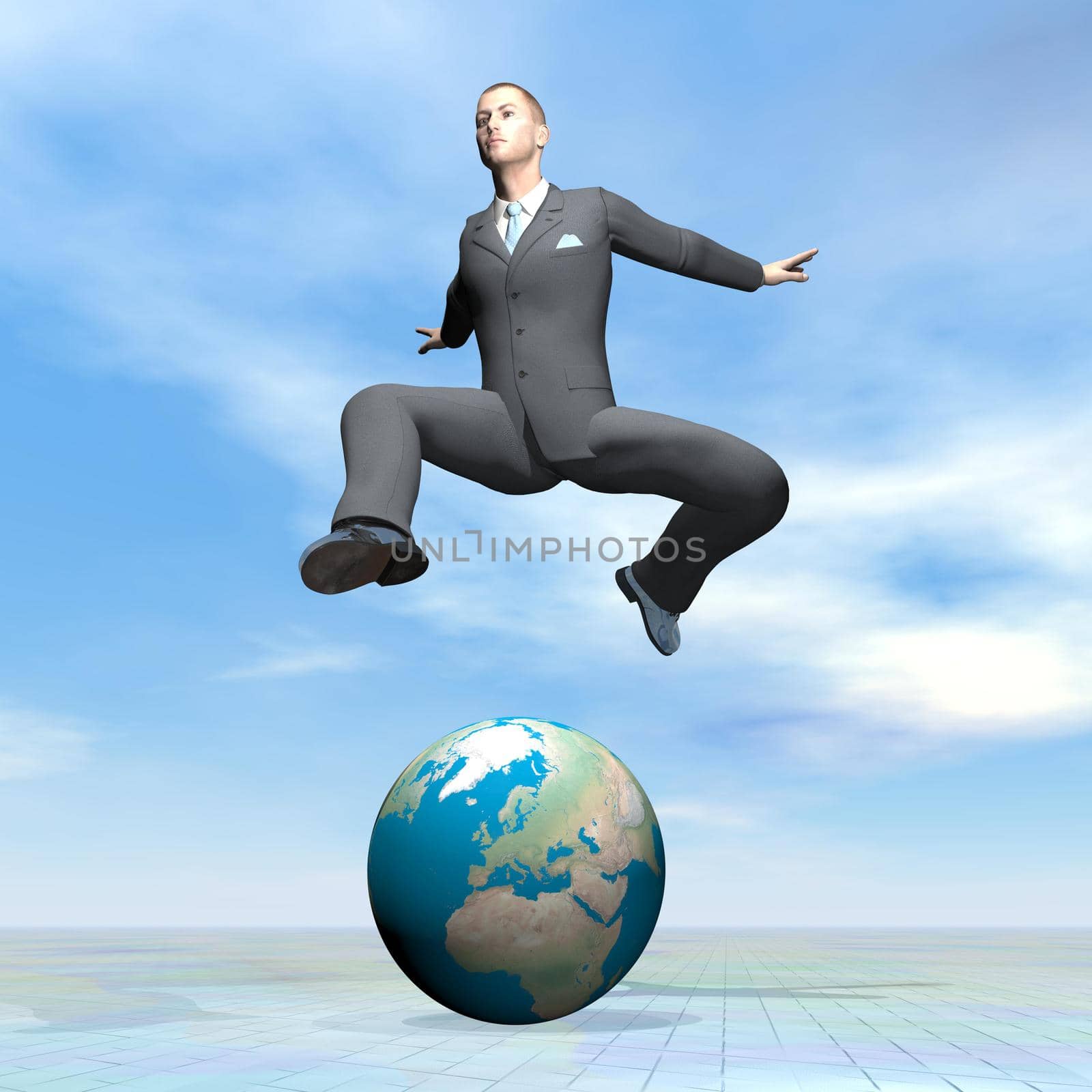 Businessman jumping upon earth planet by beautiful day - 3D render