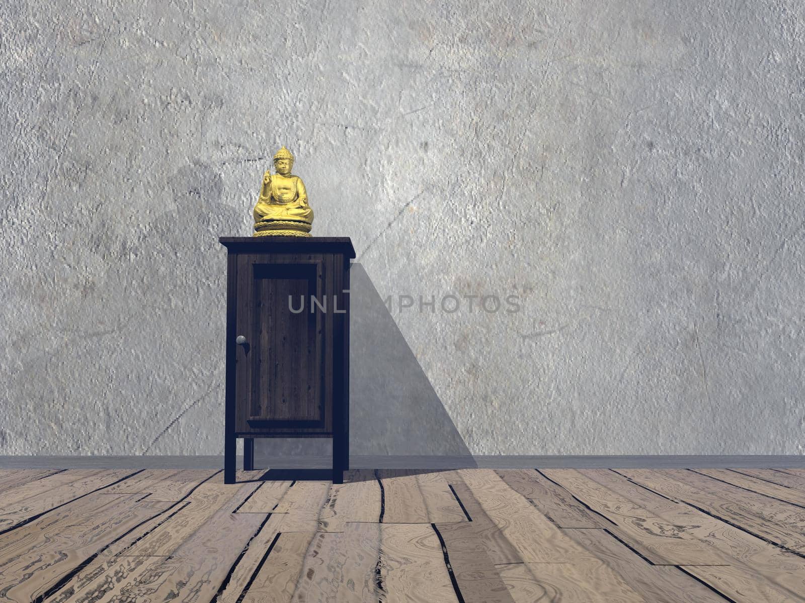 Religious room with Buddha on furniture - 3D render