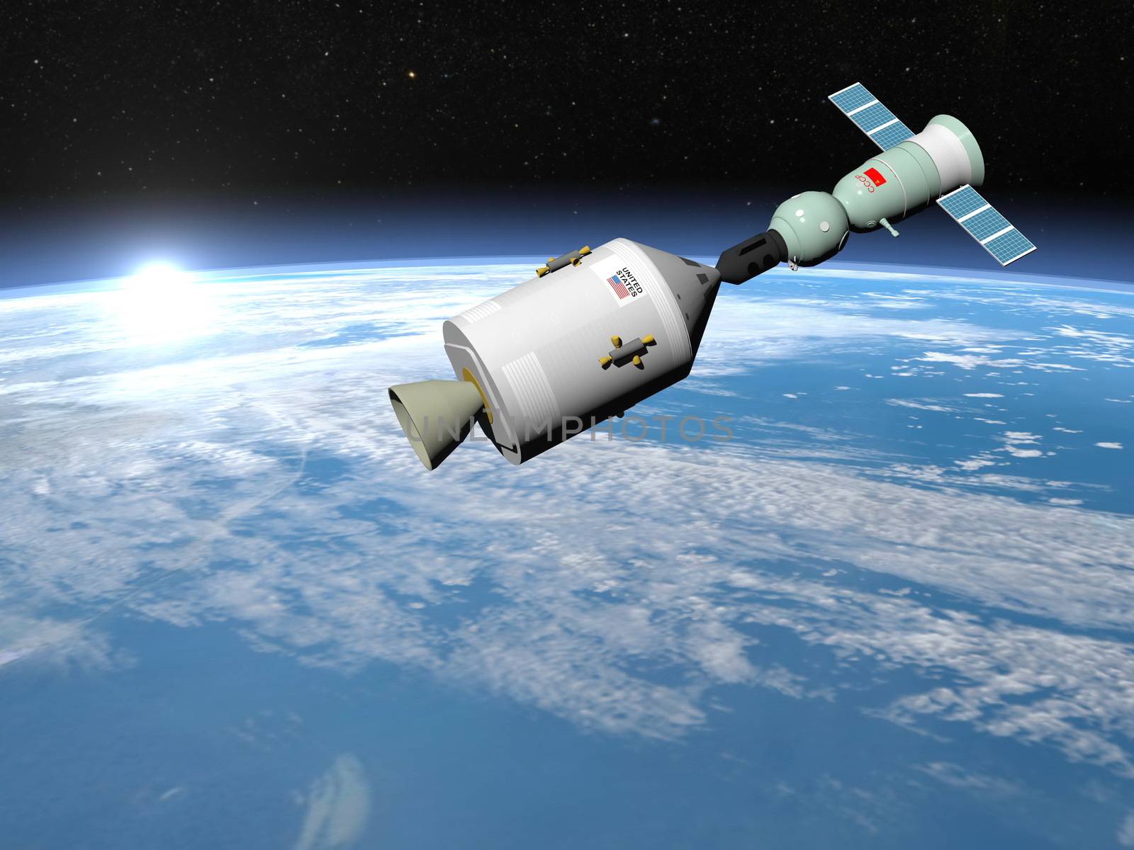 Apollo-Soyuz test project with experimental joint flight of the Soviet spaceship Soyuz-19 and the American spaceship Apollo, elements of this image furnished by NASA - 3D render
