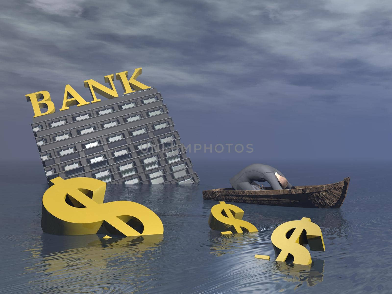 Dispair businessman on y boat surrounded with sinking dollar, euro and bank while bankruptcy - 3D render
