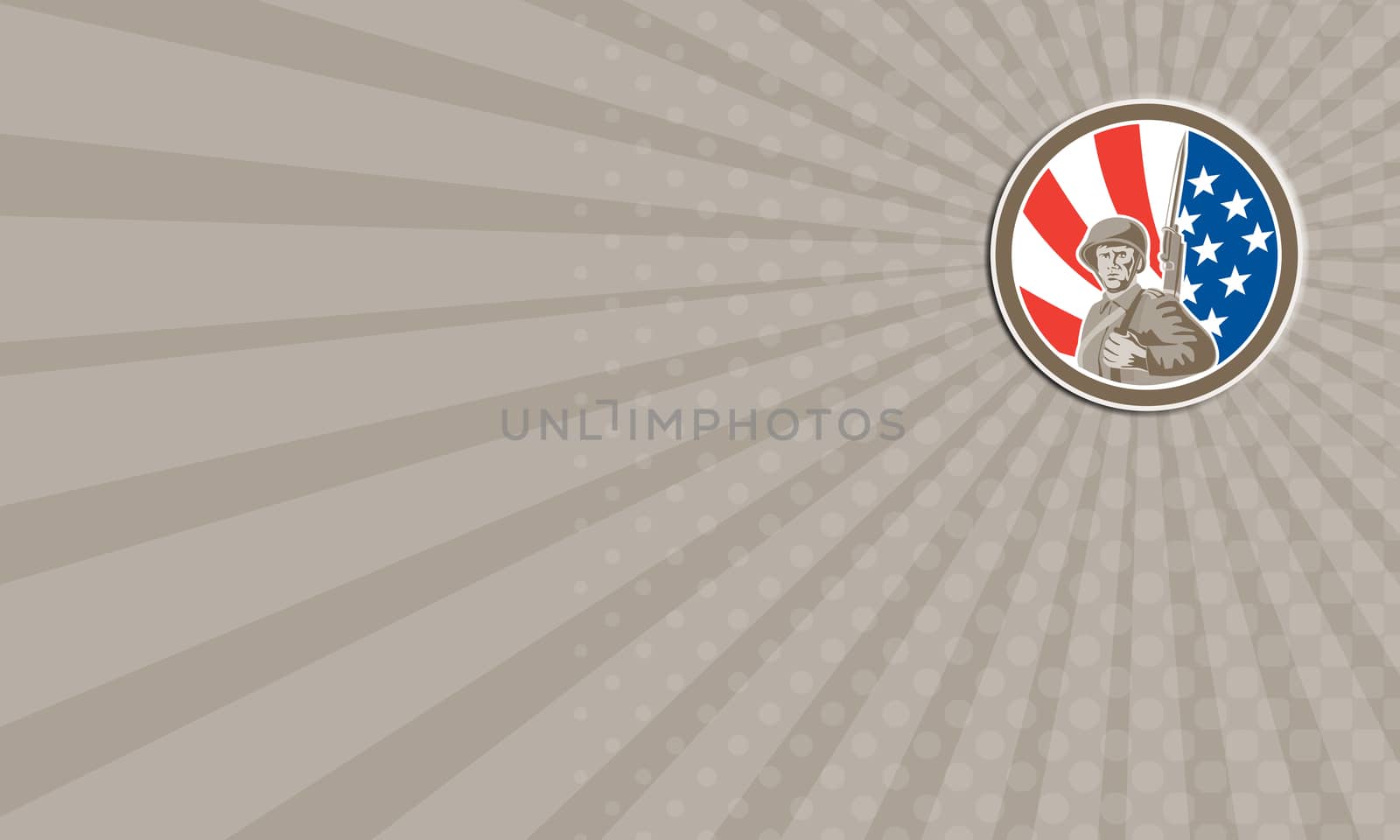 Business card showing illustration of an american world war two soldier serviceman military with bayonet set inside circle on stars and stripes background done in retro style. 