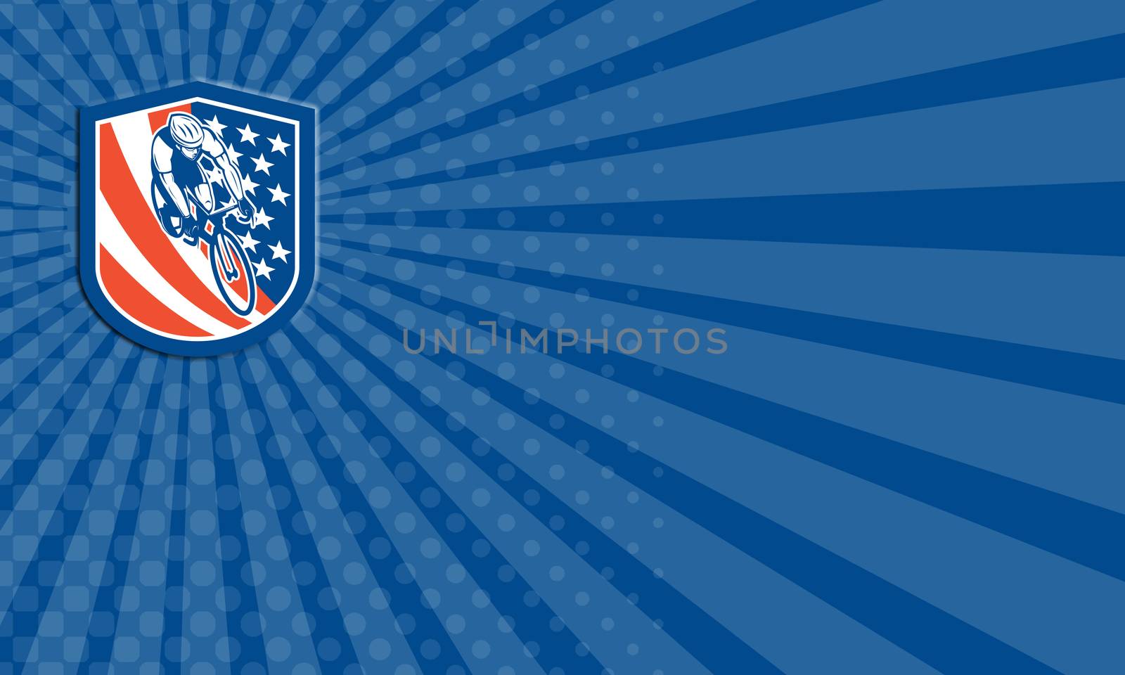 Business card showing illustration of a bicycle bike rider viewed from high angle with usa stars and stripes background set inside shield crest done in retro style. 