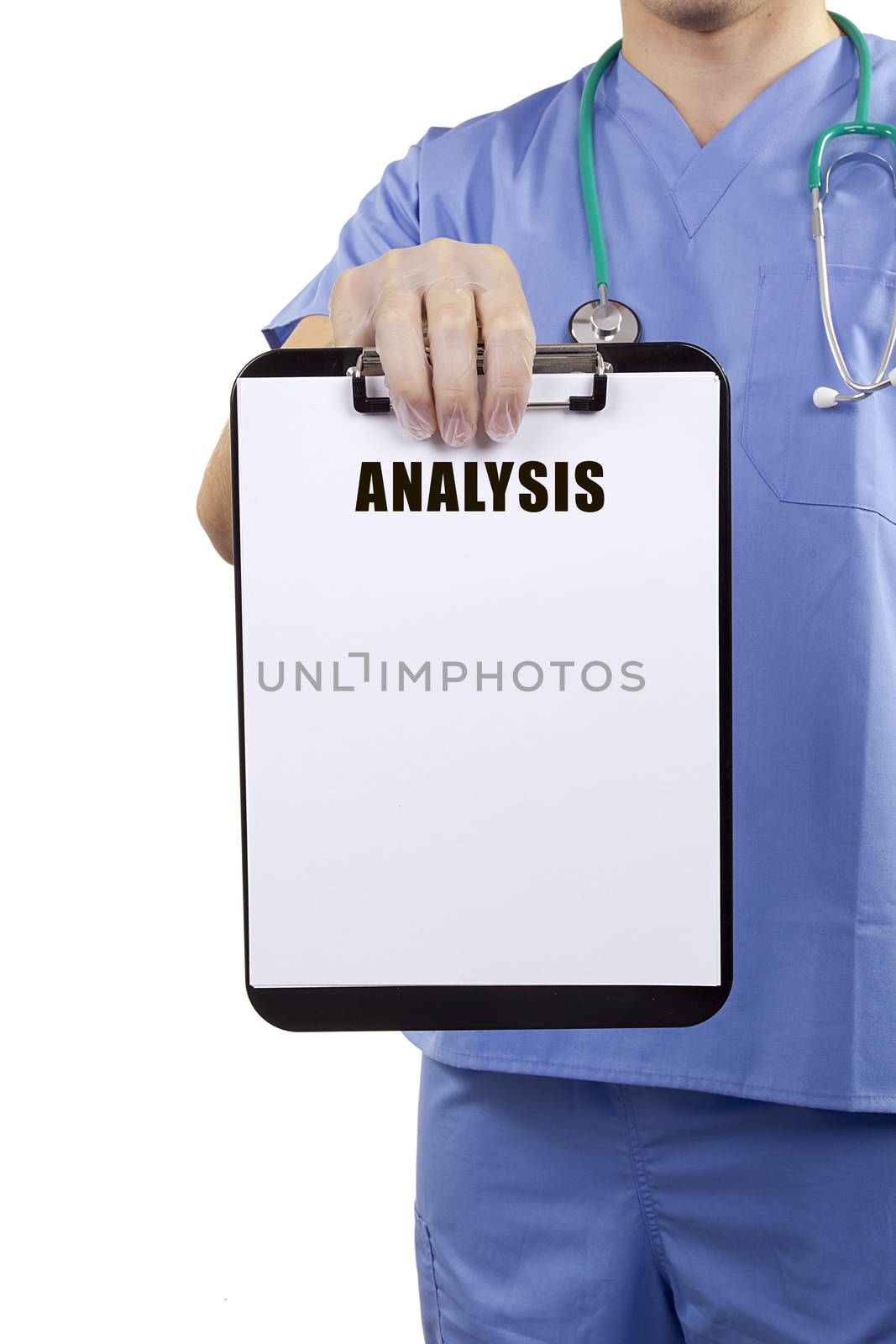 A doctor in blue uniform holding a clipboard with medical analysis.