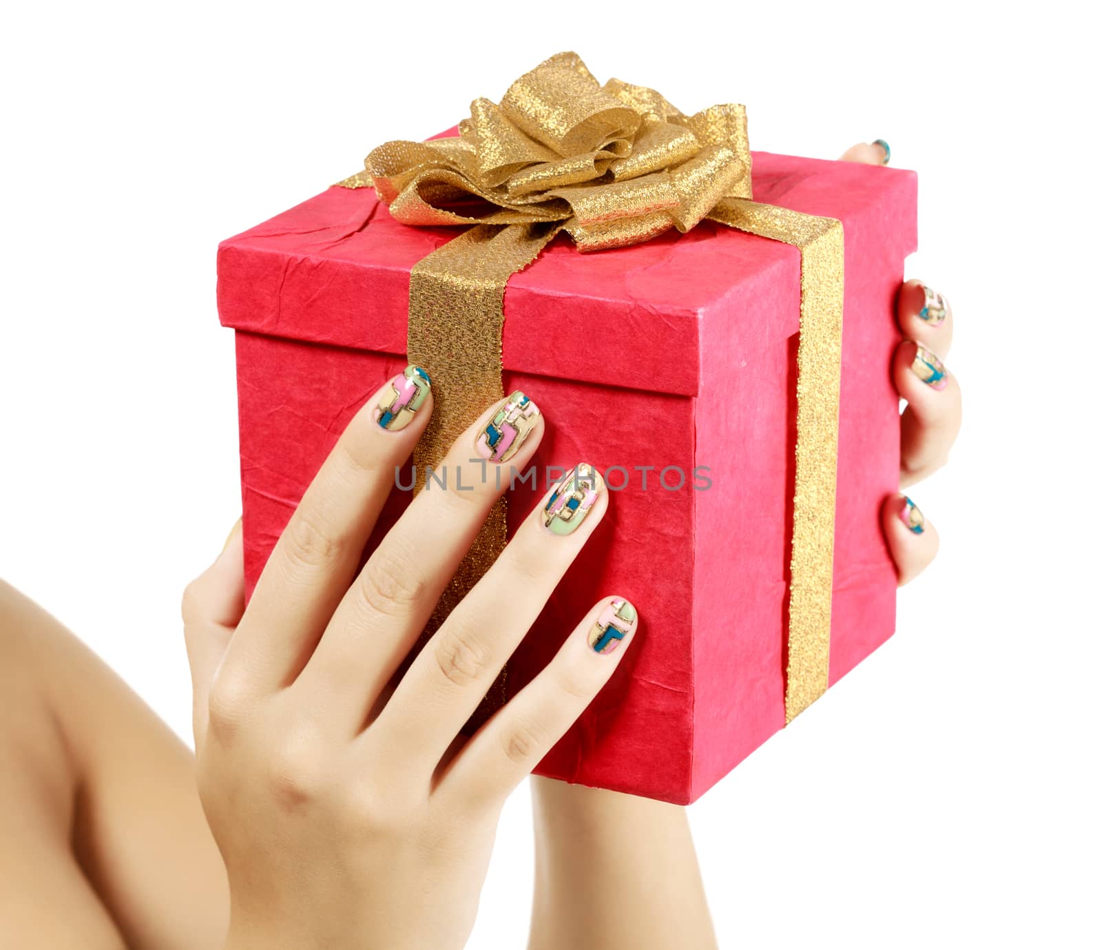 Female hands with big gift box