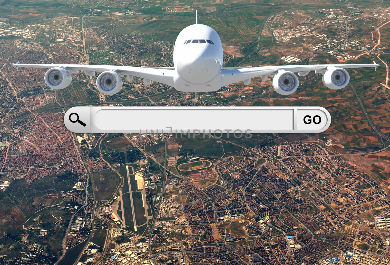 Search bar in browser. Airplane on background of the city