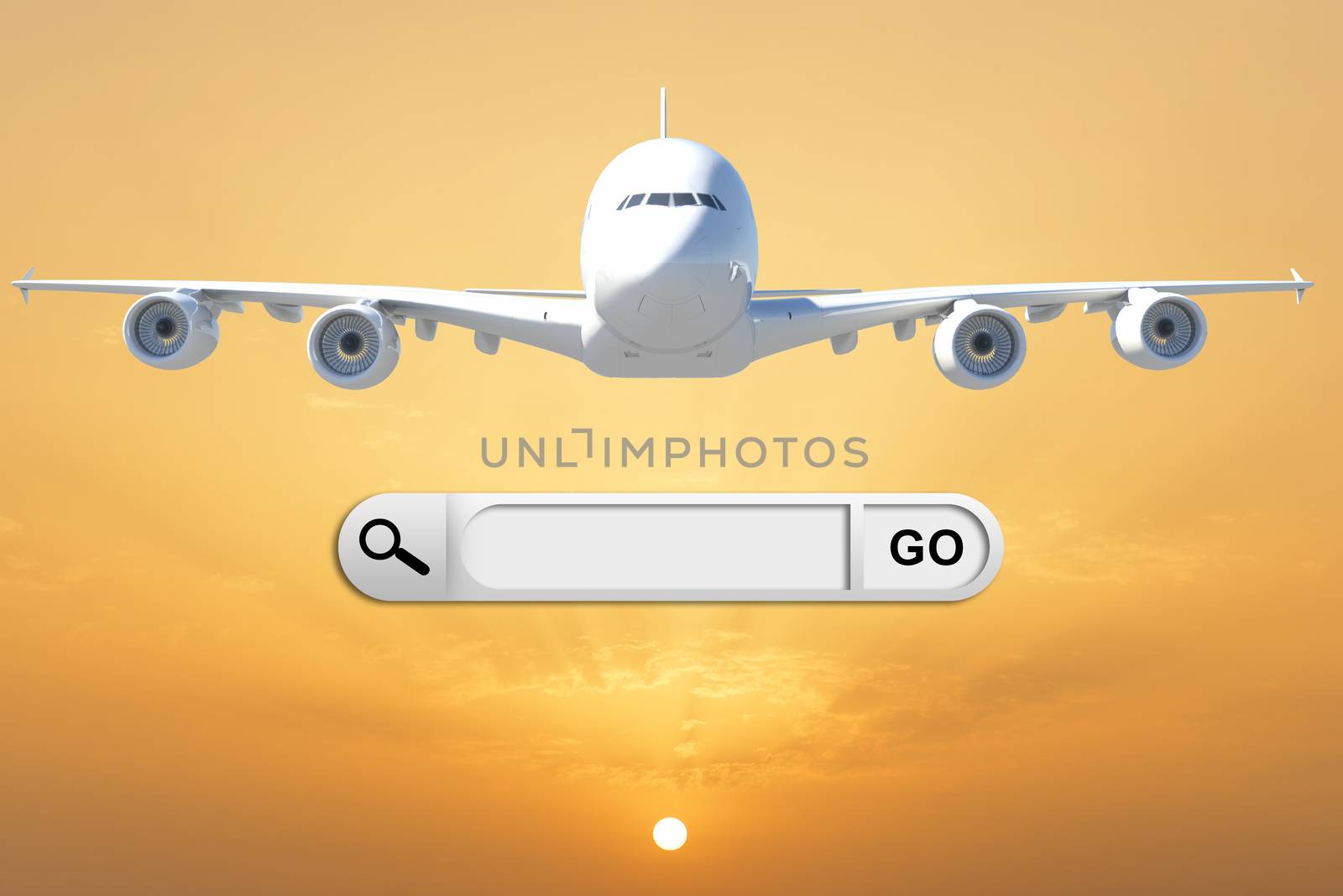 Search bar in browser. Airplane on background of beautiful sunset