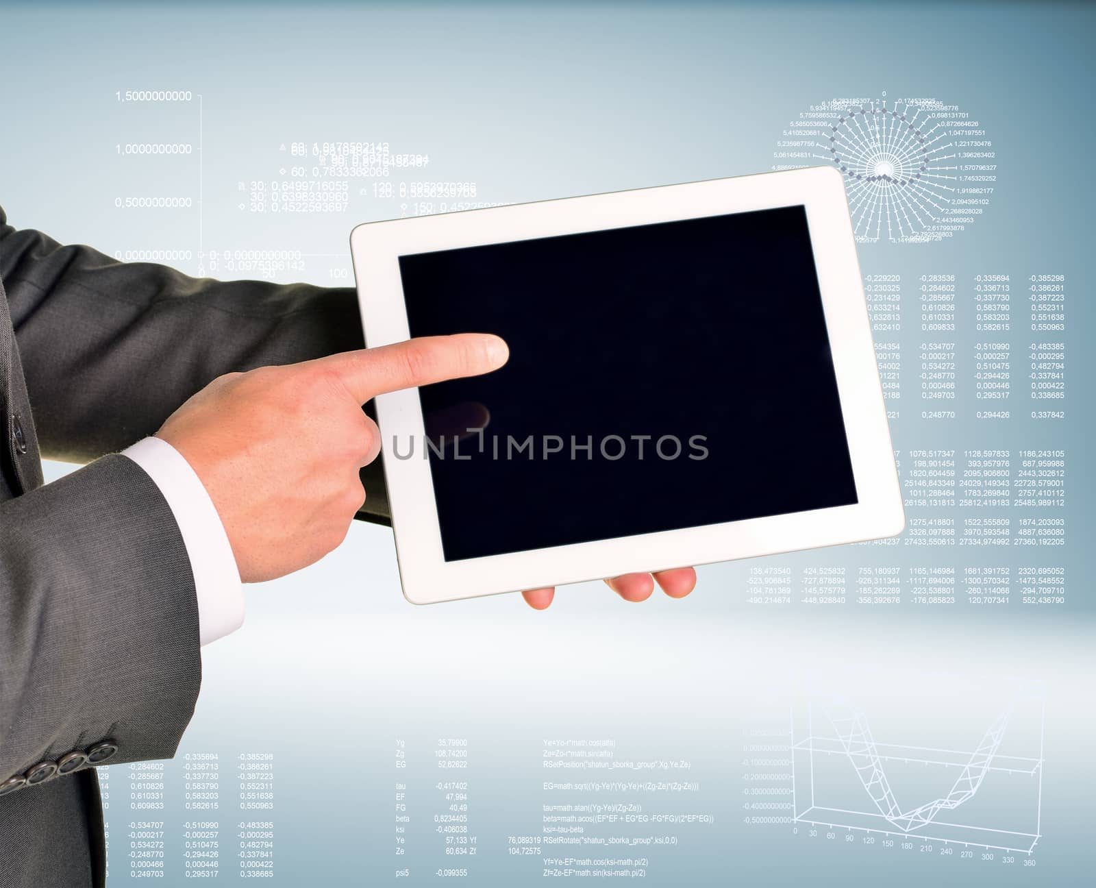 Hand holding digital tablet pc. Hi-tech background with graphs and figures