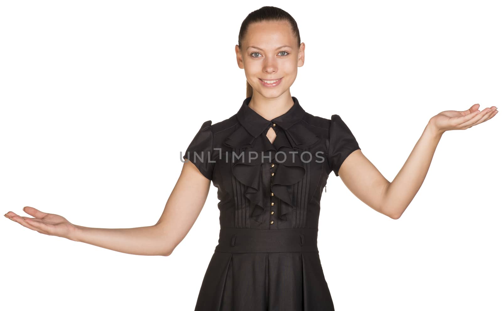 Happy excited beautiful woman hold two empty palms. Isolated on white background