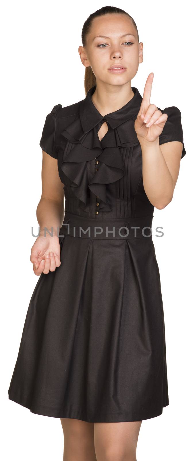 Woman touching virtual button. Isolated on white background