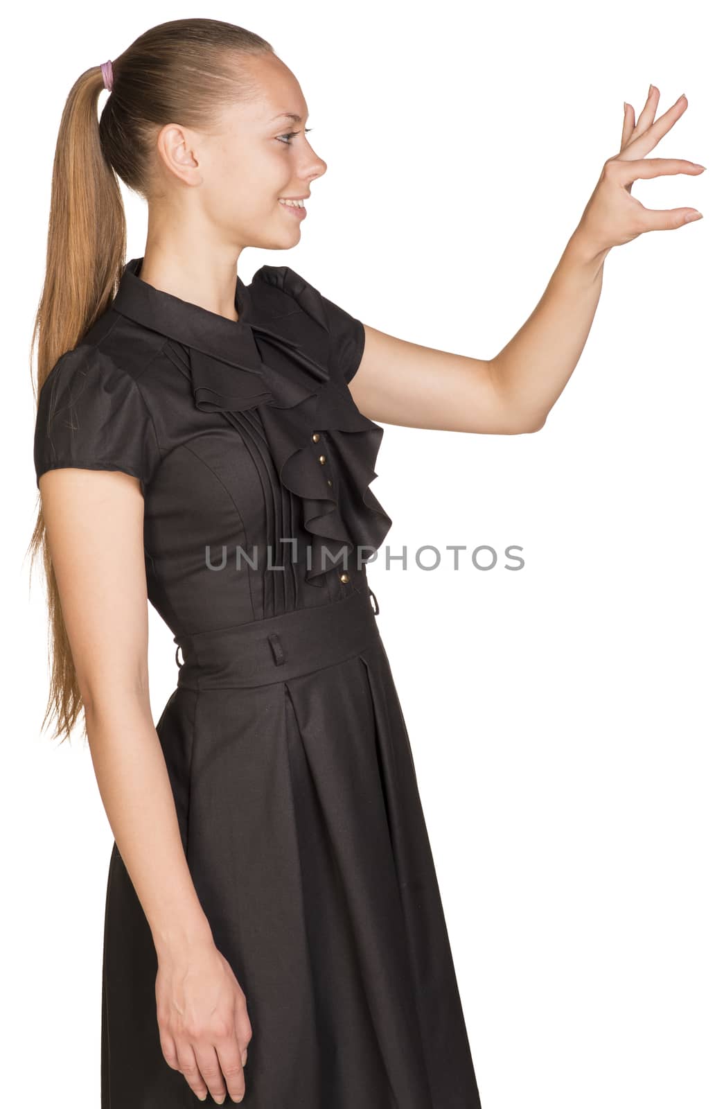 Woman holding small imaginary object with two fingers by cherezoff