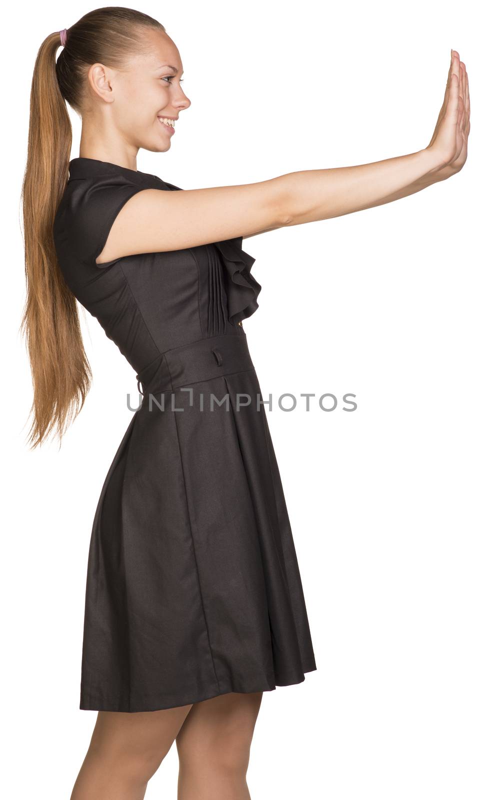 Isolated young casual woman push imaginary wall by cherezoff