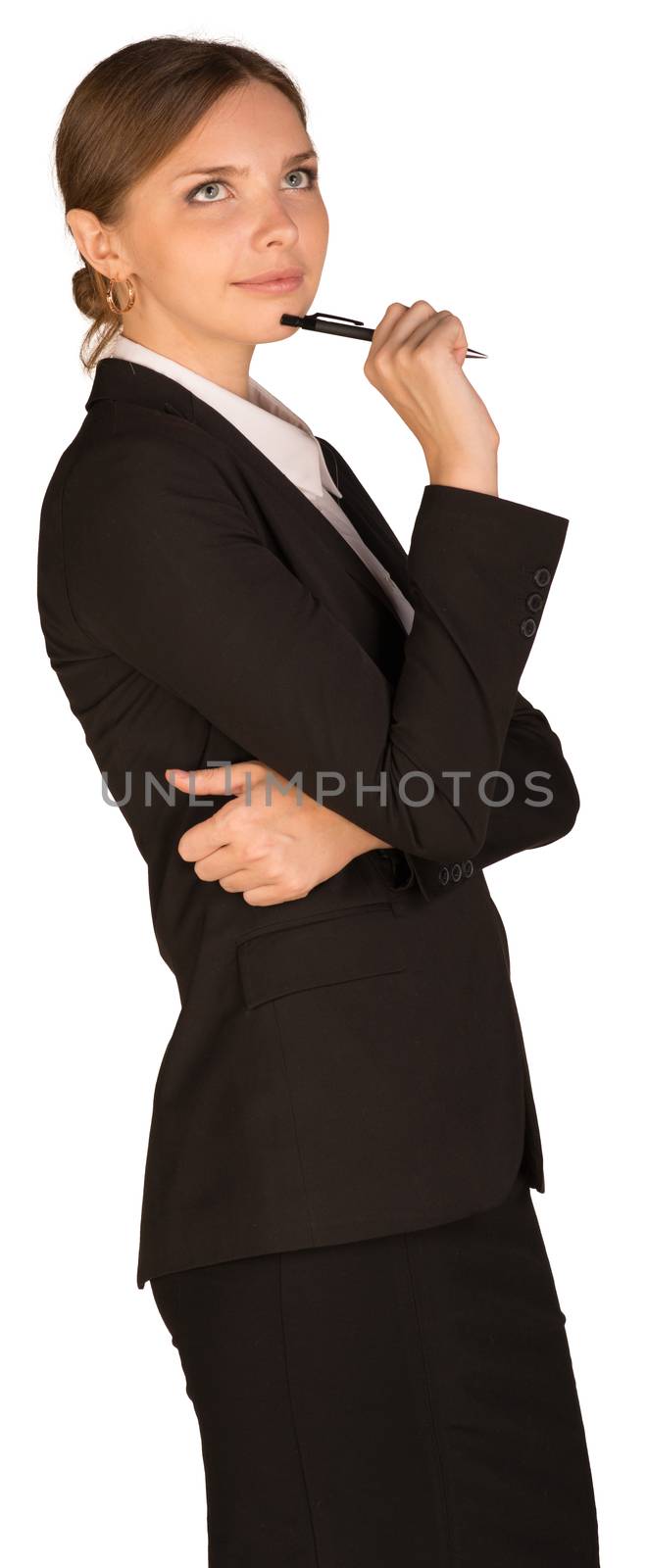 Beautiful girl in business suit holding pen. Isolated on white background