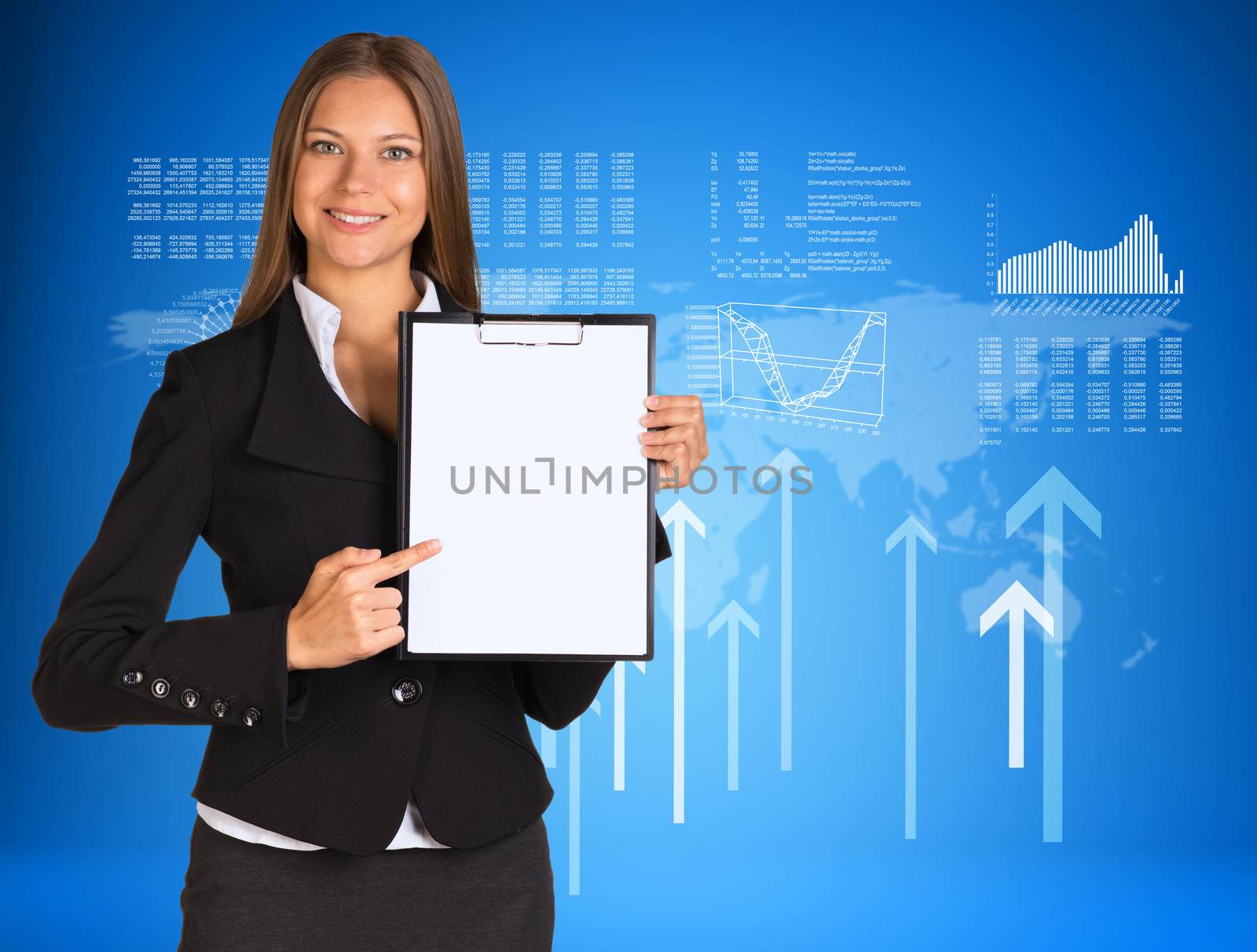 Businesswoman with graphs, arrows and world map by cherezoff