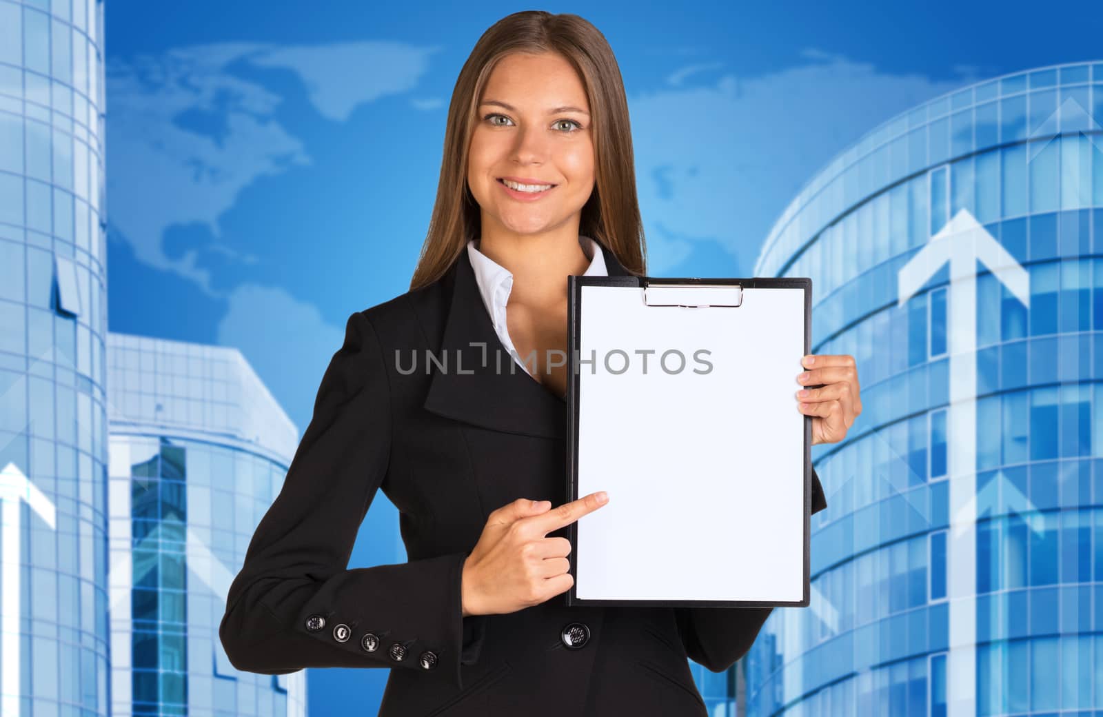 Businesswoman holding paper holder. Buildings and world map as backdrop