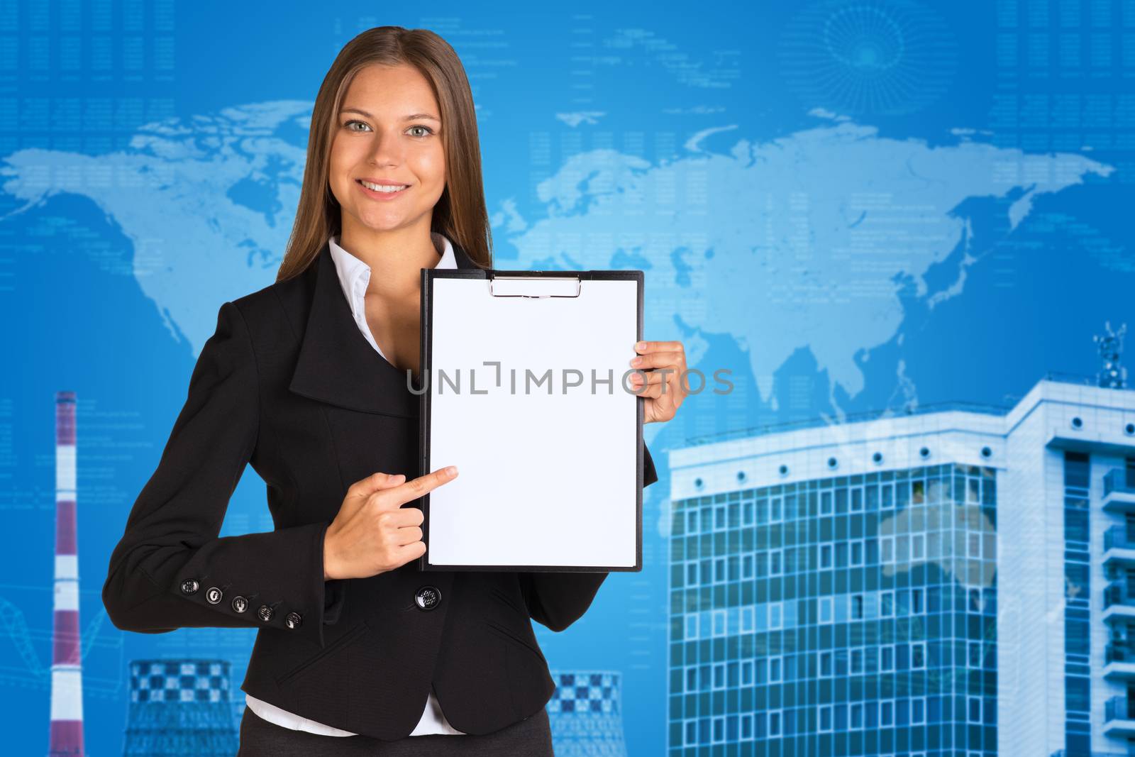 Businesswoman holding paper holder. World map with graphs and building as backdrop