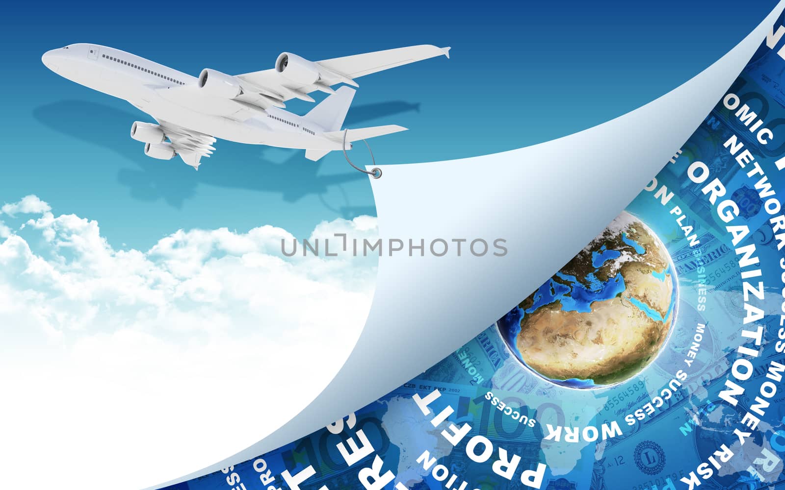 Airplane pulls the rope edge of paper. Earth with money as backdrop. Elements of this image are furnished by NASA