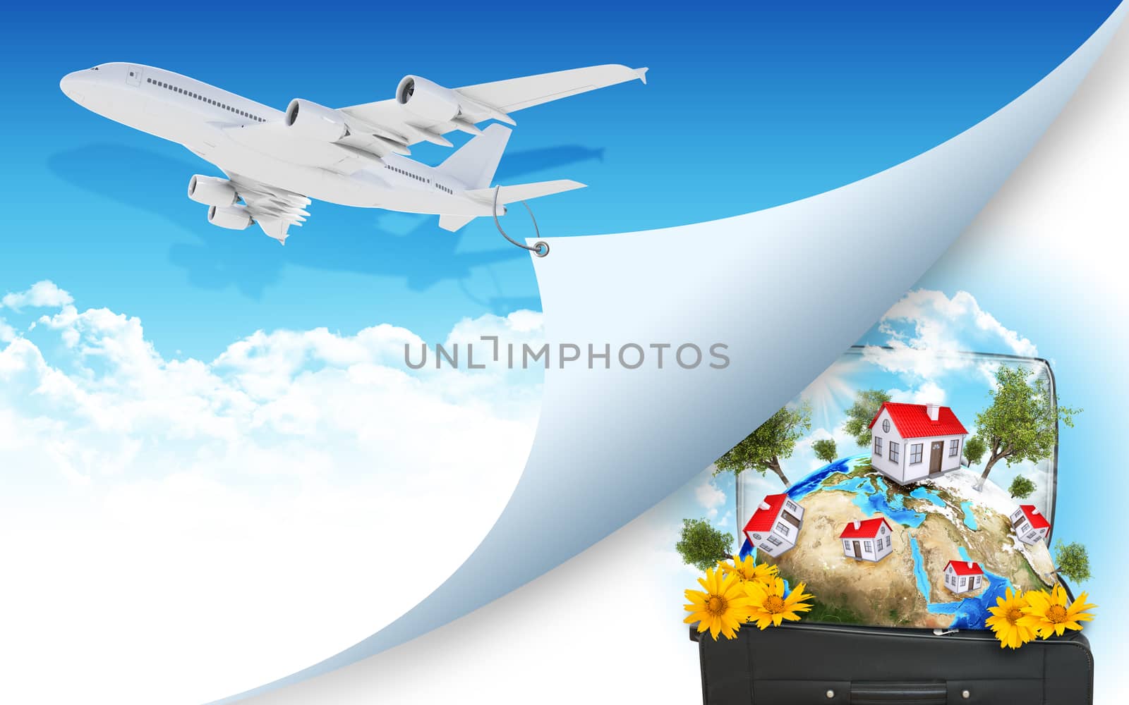 Airplane pulls the rope edge of paper. Earth with buildings in travel bag as backdrop. Elements of this image are furnished by NASA