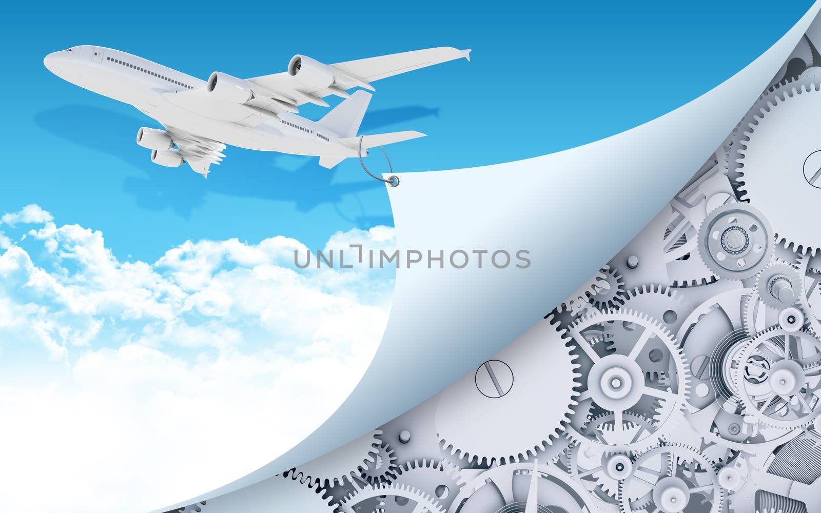 Airplane pulls the rope edge of paper. Gears and cogwheels as backdrop