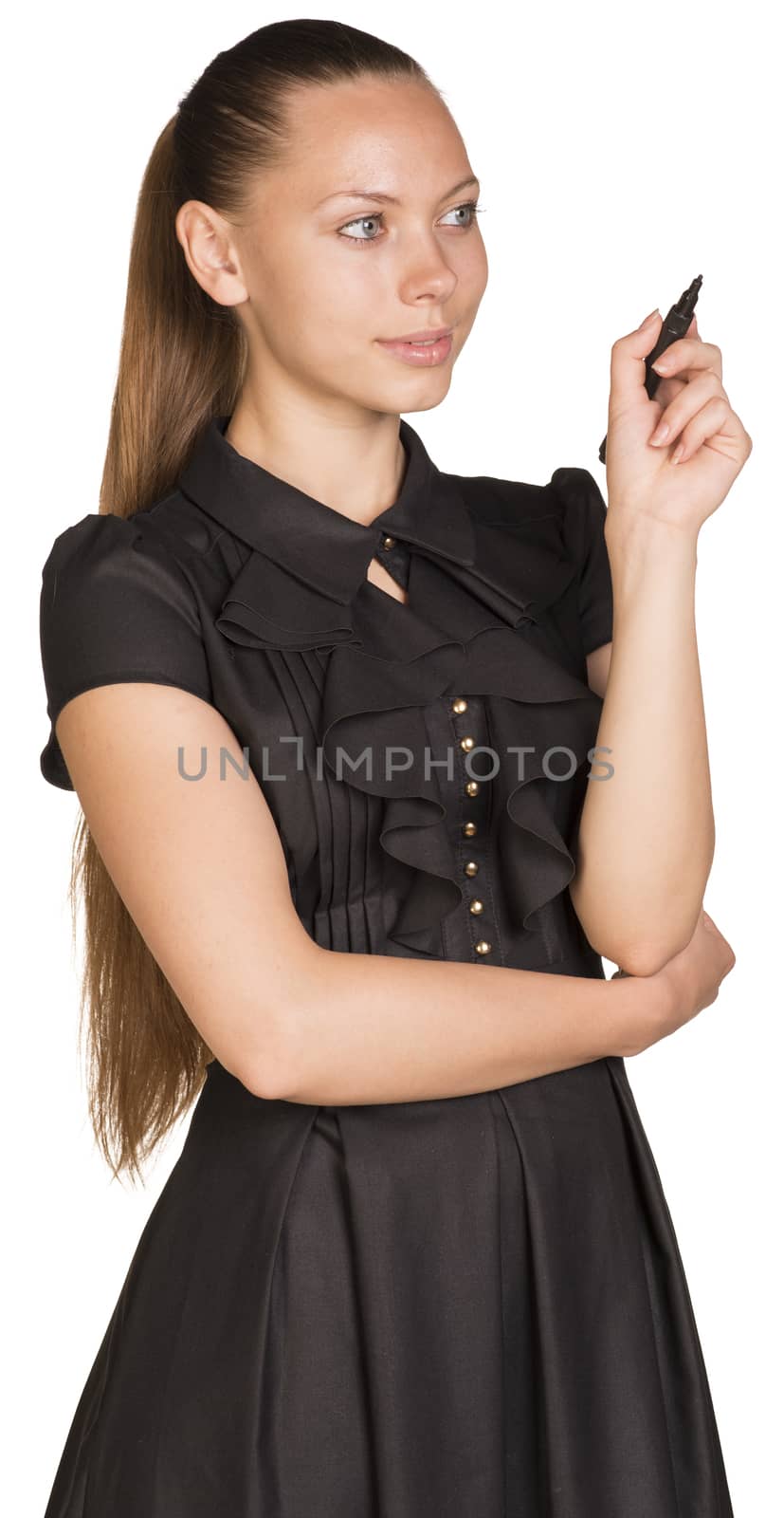 Young business woman drawing on imaginary surface. Isolated on white background