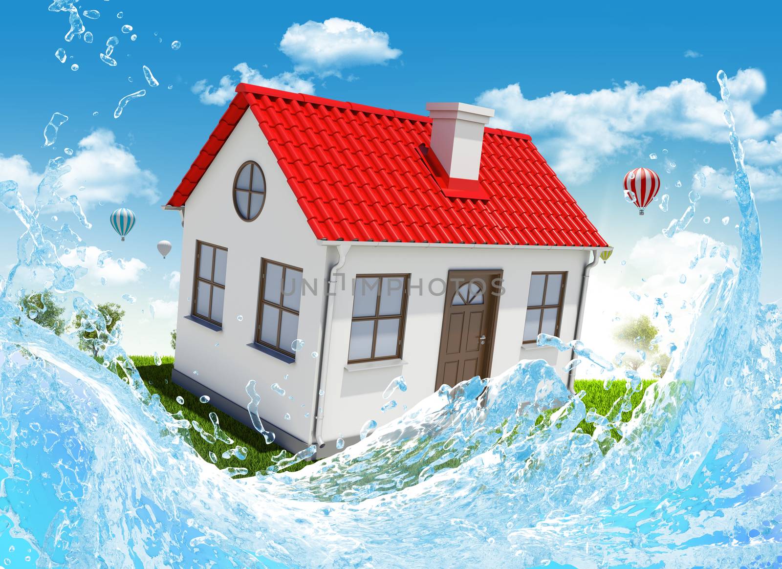 House, green meadow and water splash. Real estate concept