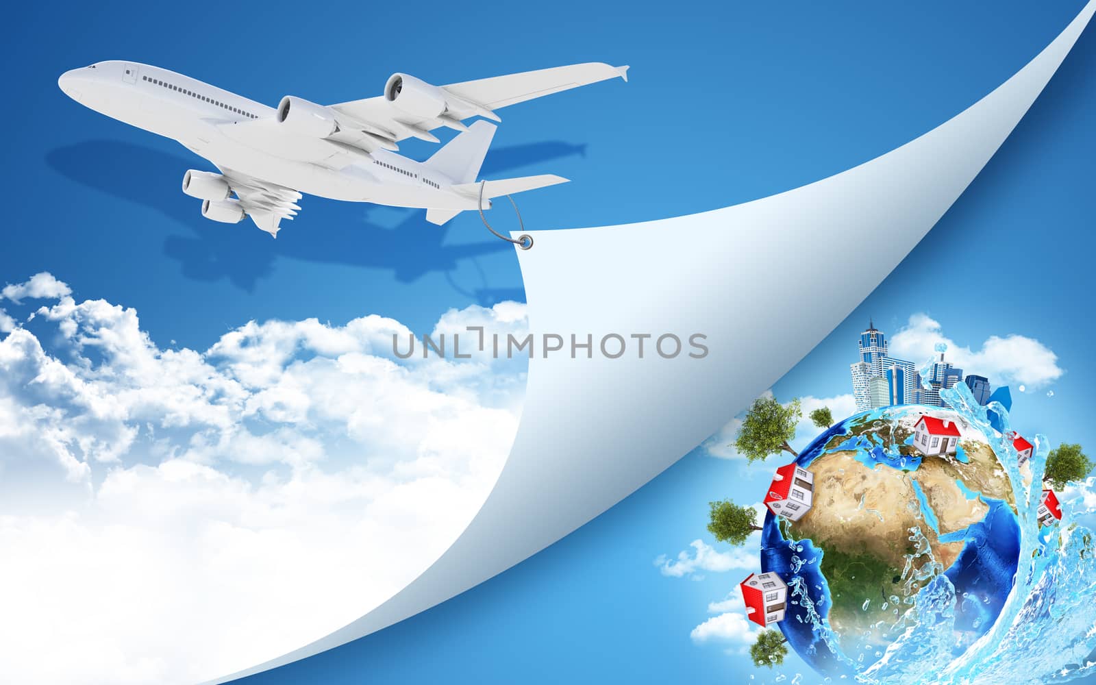 Airplane with Earth and buildings by cherezoff