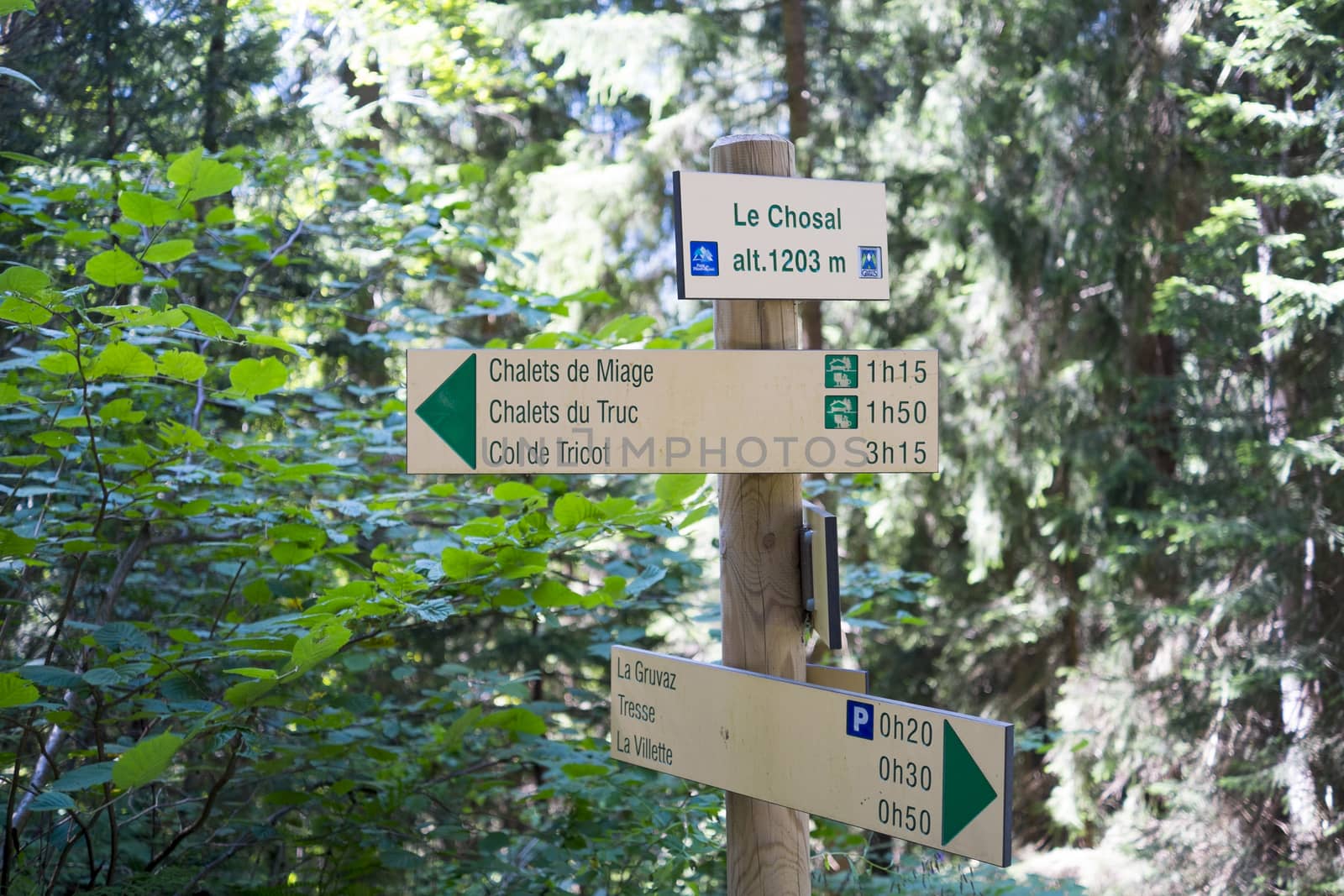 LE CHOSAL, FRANCE - AUGUST 24: Tour du Mont Blanc direction signs. The popular tour goes through France, Italy and Switzerland, and is clearly signalised throughout. August 24, 2014 in Le Chosal.