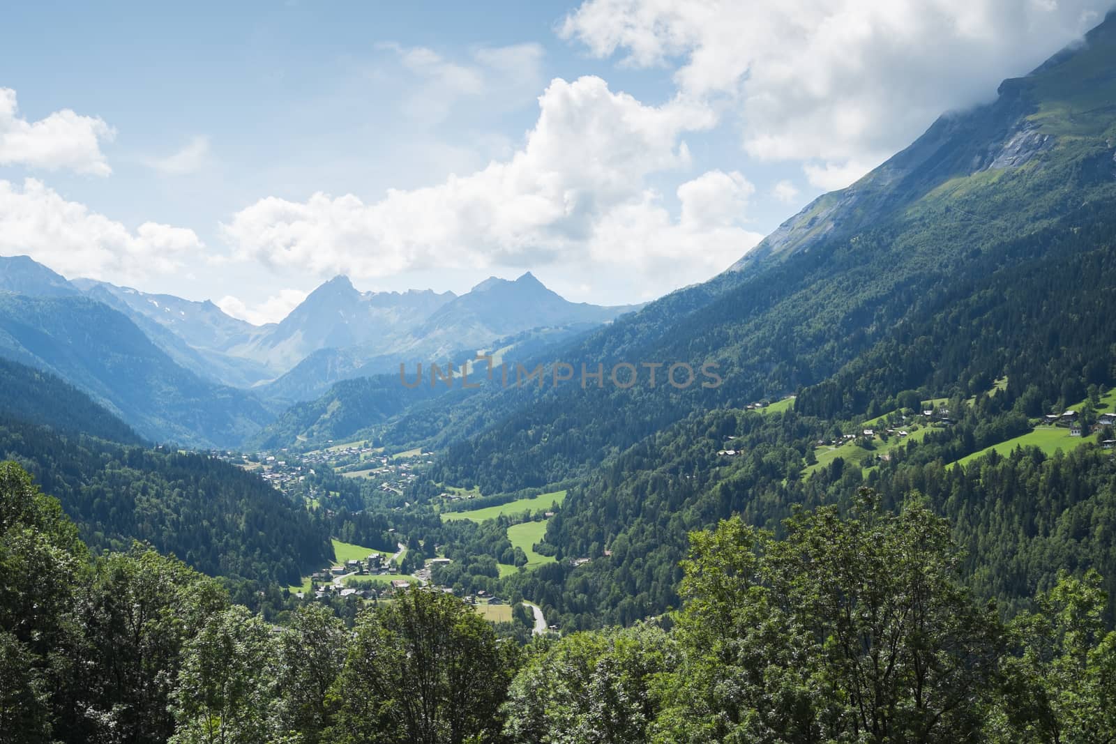 LA VILLETTE, FRANCE - AUGUST 24: Landscape showing town of La Villette. The valley is part of the Mont Blanc tour, which goes through France, Italy and Switzerland. August 24, 2014 in La Villette.