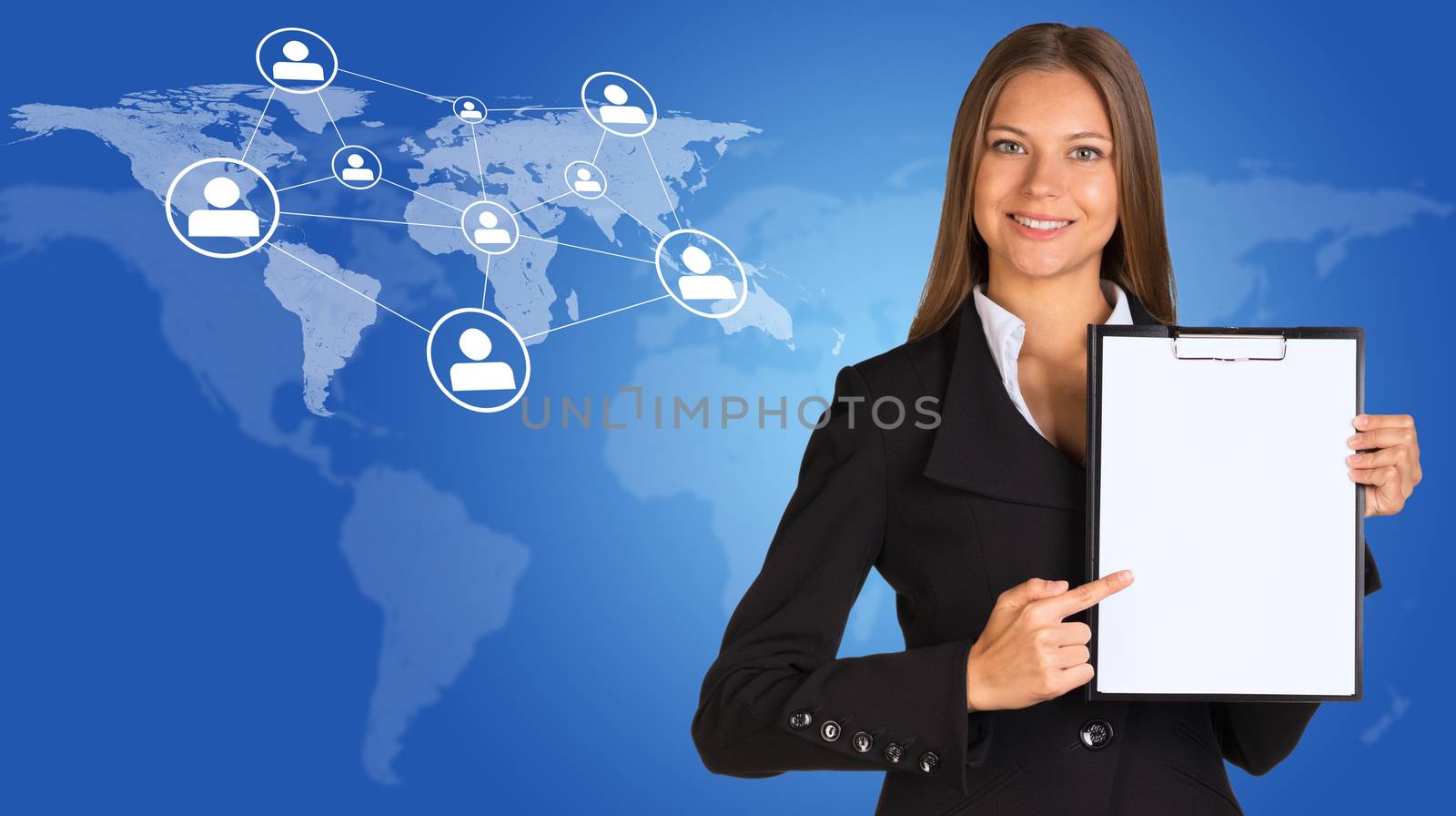 Businesswoman with world map, network and people icons by cherezoff