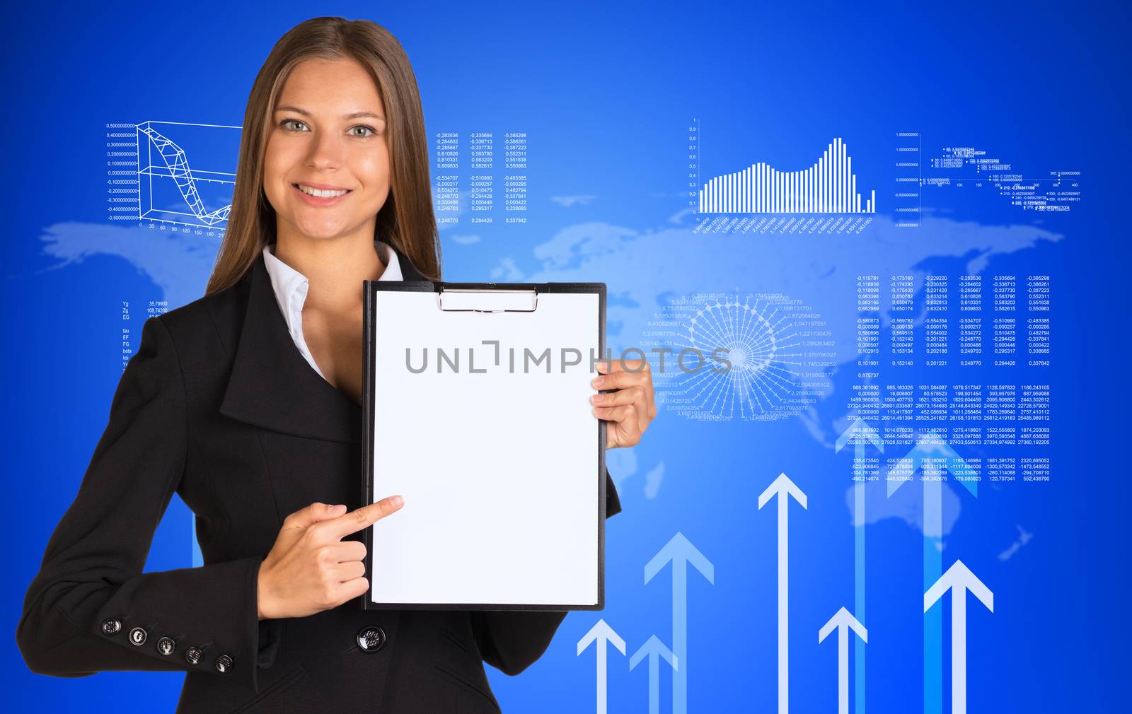 Businesswoman holding paper holder. Graphs, arrows and world map as backdrop