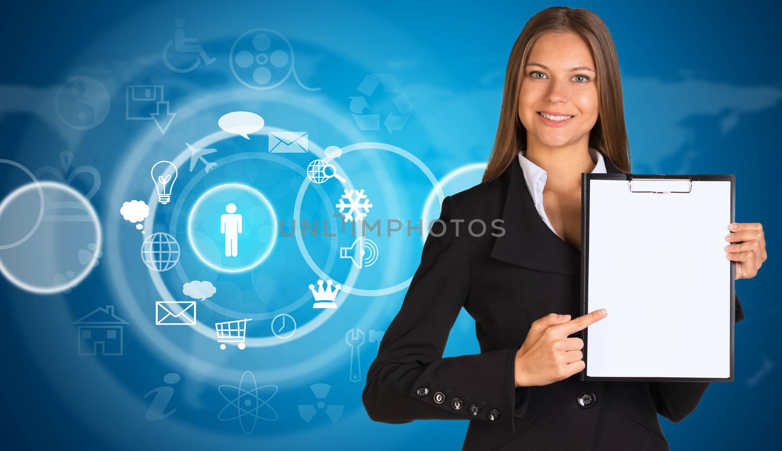Businesswoman holding paper holder. Cloud icons and world map as backdrop