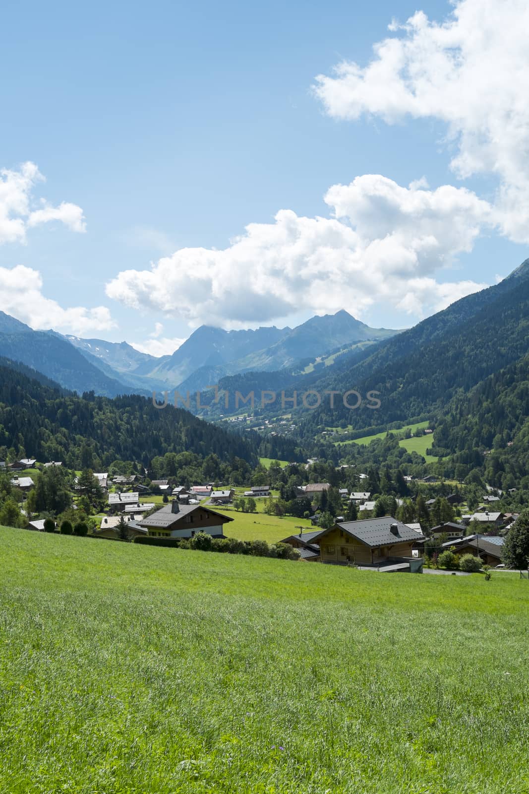 LA VILLETTE, FRANCE - AUGUST 24: Landscape showing town of La Villette. The valley is part of the Mont Blanc tour, which goes through France, Italy and Switzerland. August 24, 2014 in La Villette.