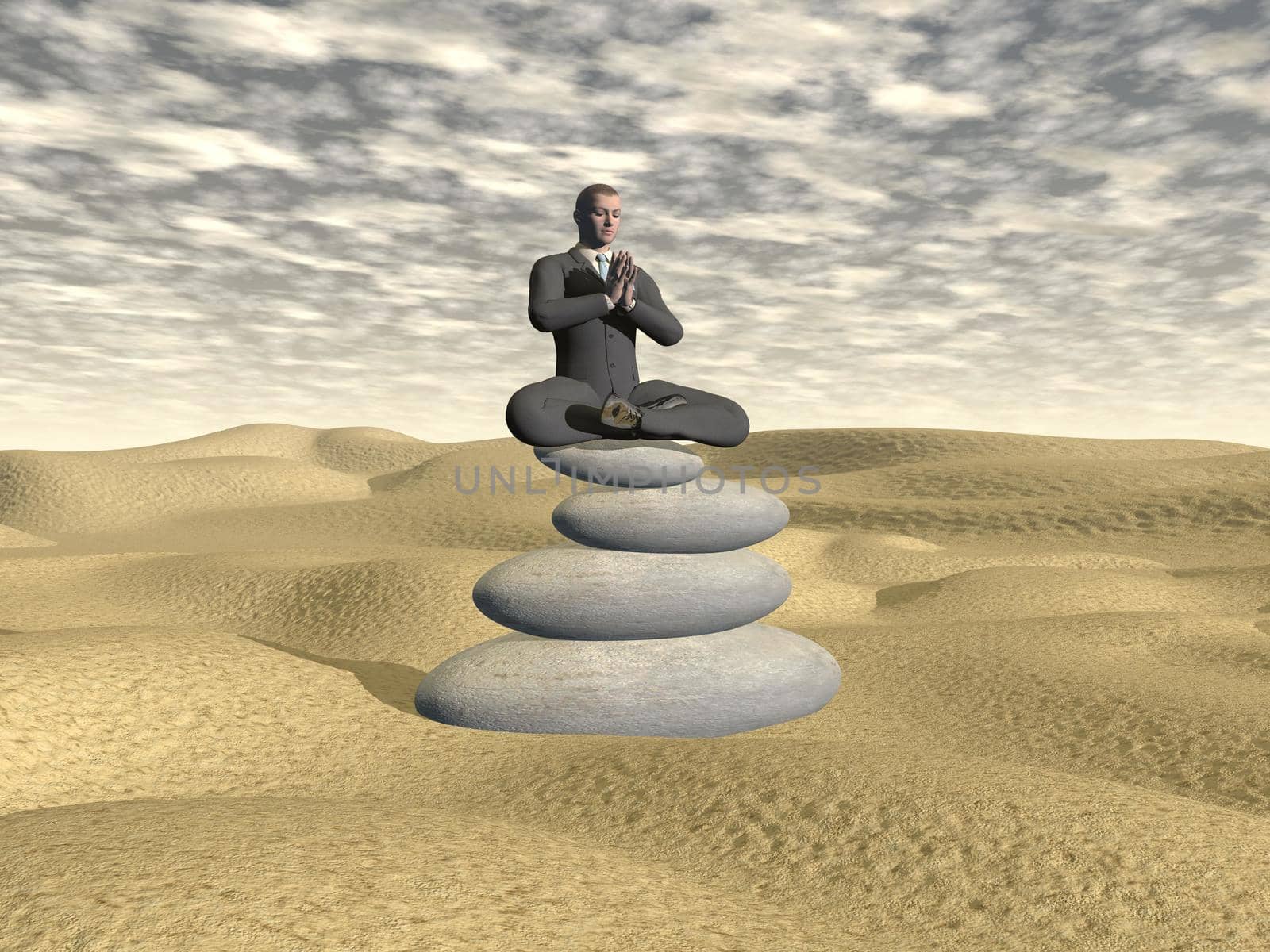 Businessman relaxing on balanced stones in the desert - 3D render