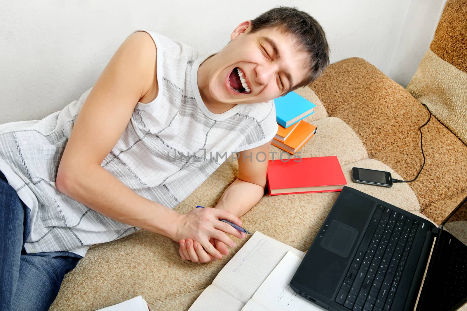 Cheerful Teenager doing Homework on the Sofa at the Home