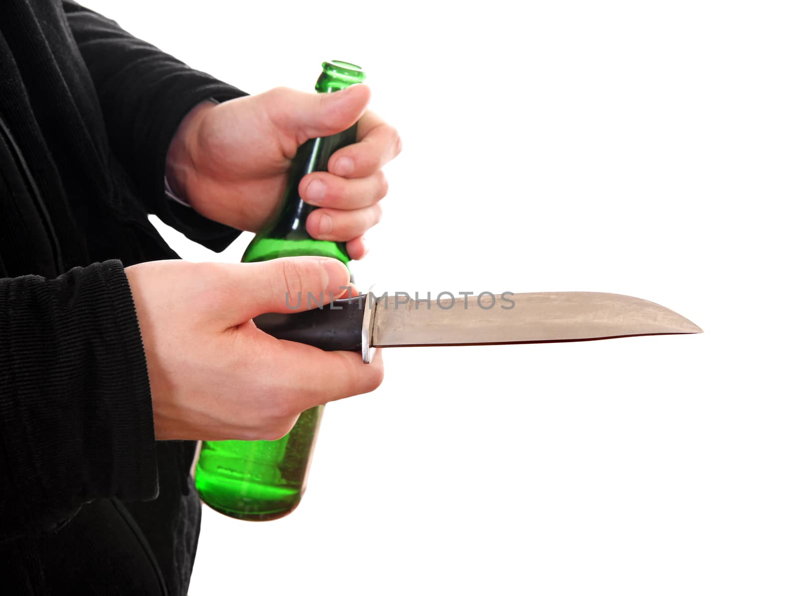 Person with the Knife closeup on the White Background